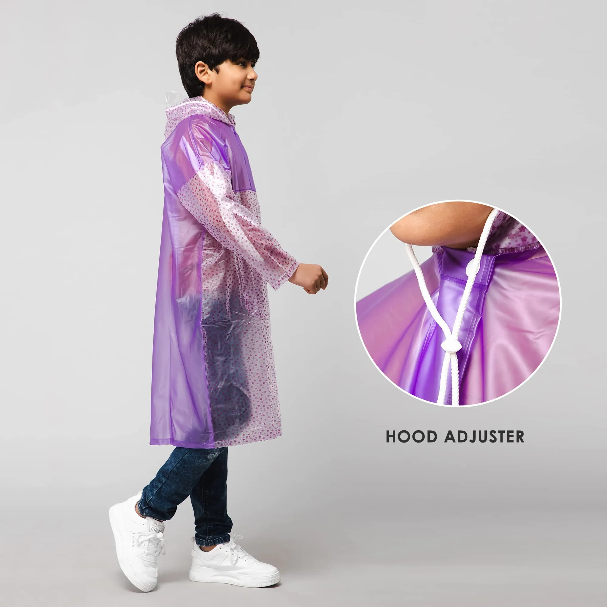 THE CLOWNFISH Misty Magic Series Unisex Kids Waterproof Single Layer PVC Longcoat/Raincoat with Adjustable Hood. Age-4-5 Years (Purple)