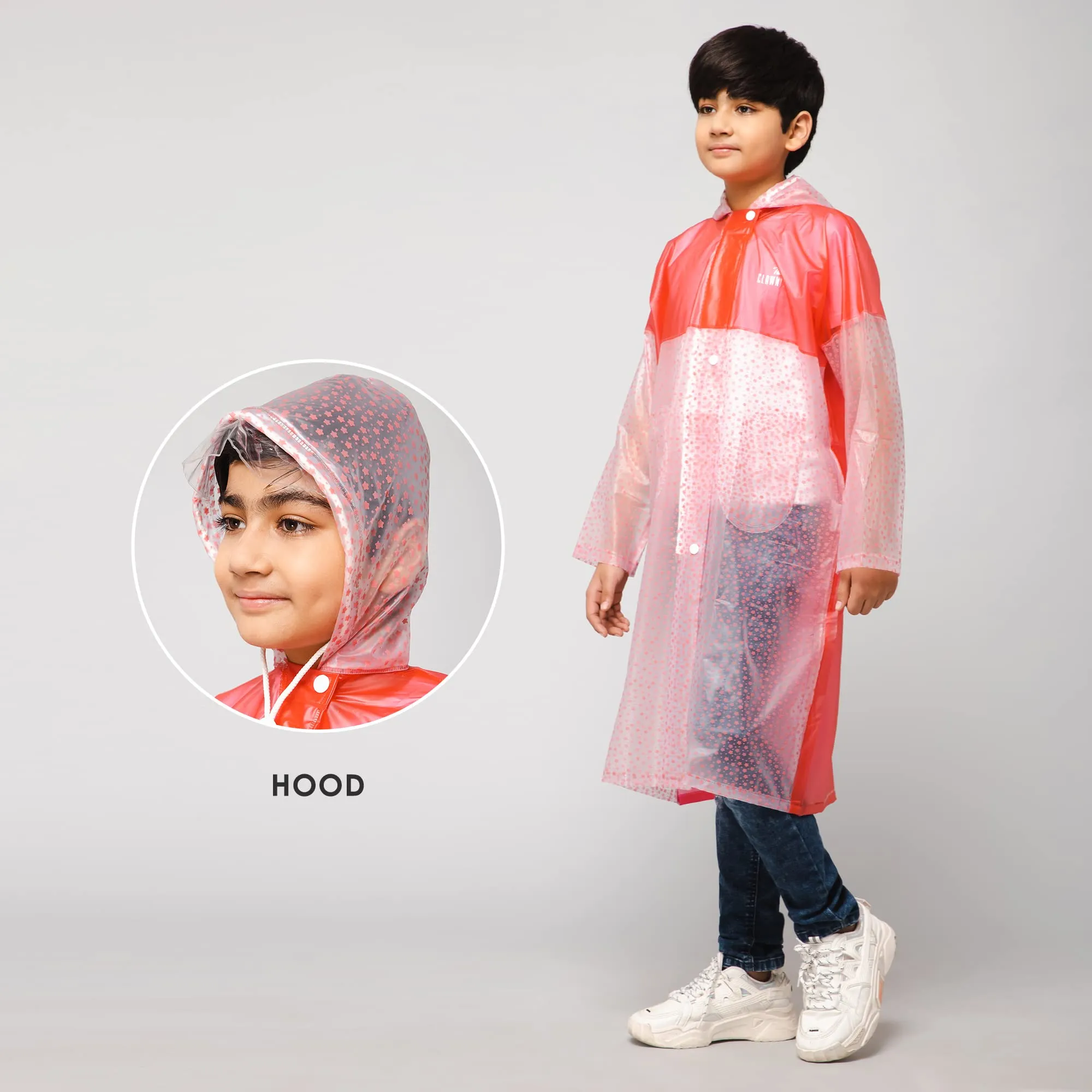 THE CLOWNFISH Misty Magic Series Unisex Kids Waterproof Single Layer PVC Longcoat/Raincoat with Adjustable Hood. Age-4-5 Years (Rose Red)