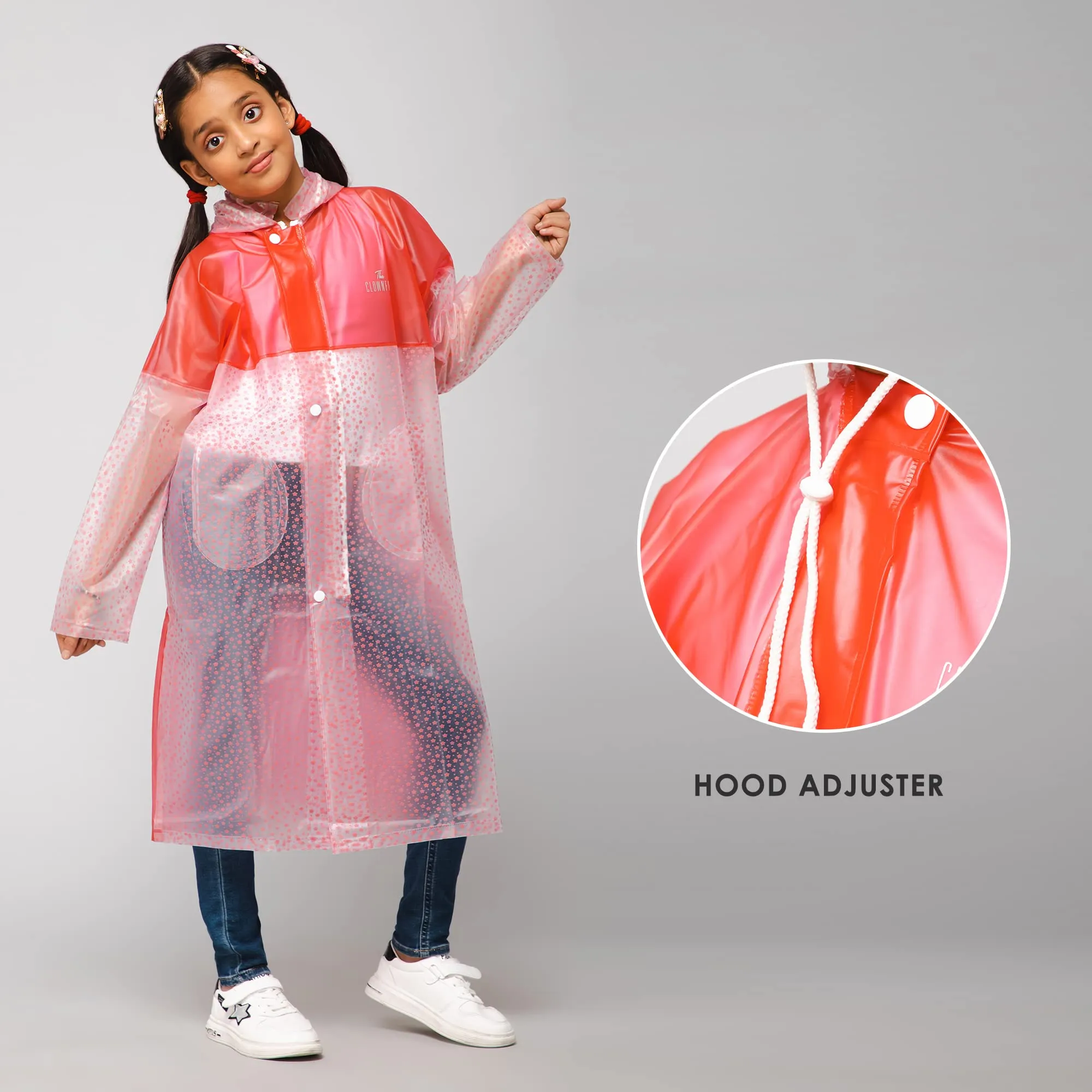 THE CLOWNFISH Misty Magic Series Unisex Kids Waterproof Single Layer PVC Longcoat/Raincoat with Adjustable Hood. Age-4-5 Years (Rose Red)