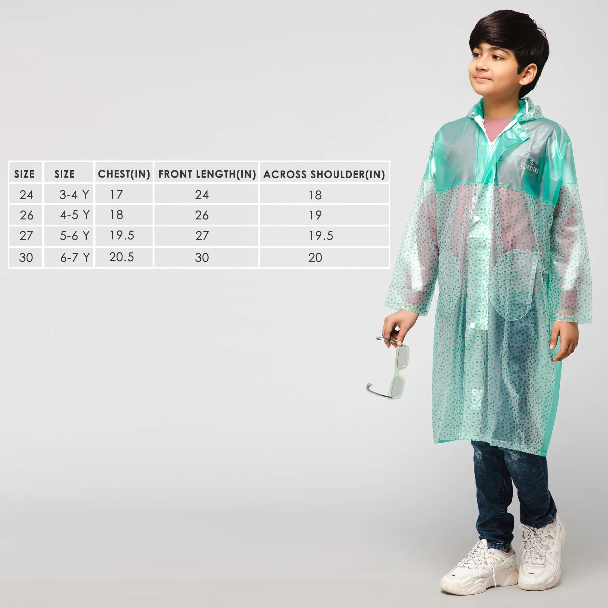 THE CLOWNFISH Misty Magic Series Unisex Kids Waterproof Single Layer PVC Longcoat/Raincoat with Adjustable Hood. Age-5-6 Years (Aqua Green)