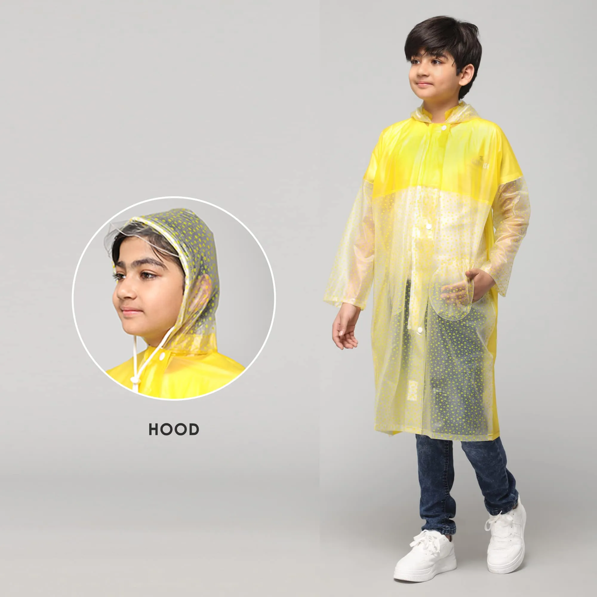 THE CLOWNFISH Misty Magic Series Unisex Kids Waterproof Single Layer PVC Longcoat/Raincoat with Adjustable Hood. Age-5-6 Years (Lemon Yellow)