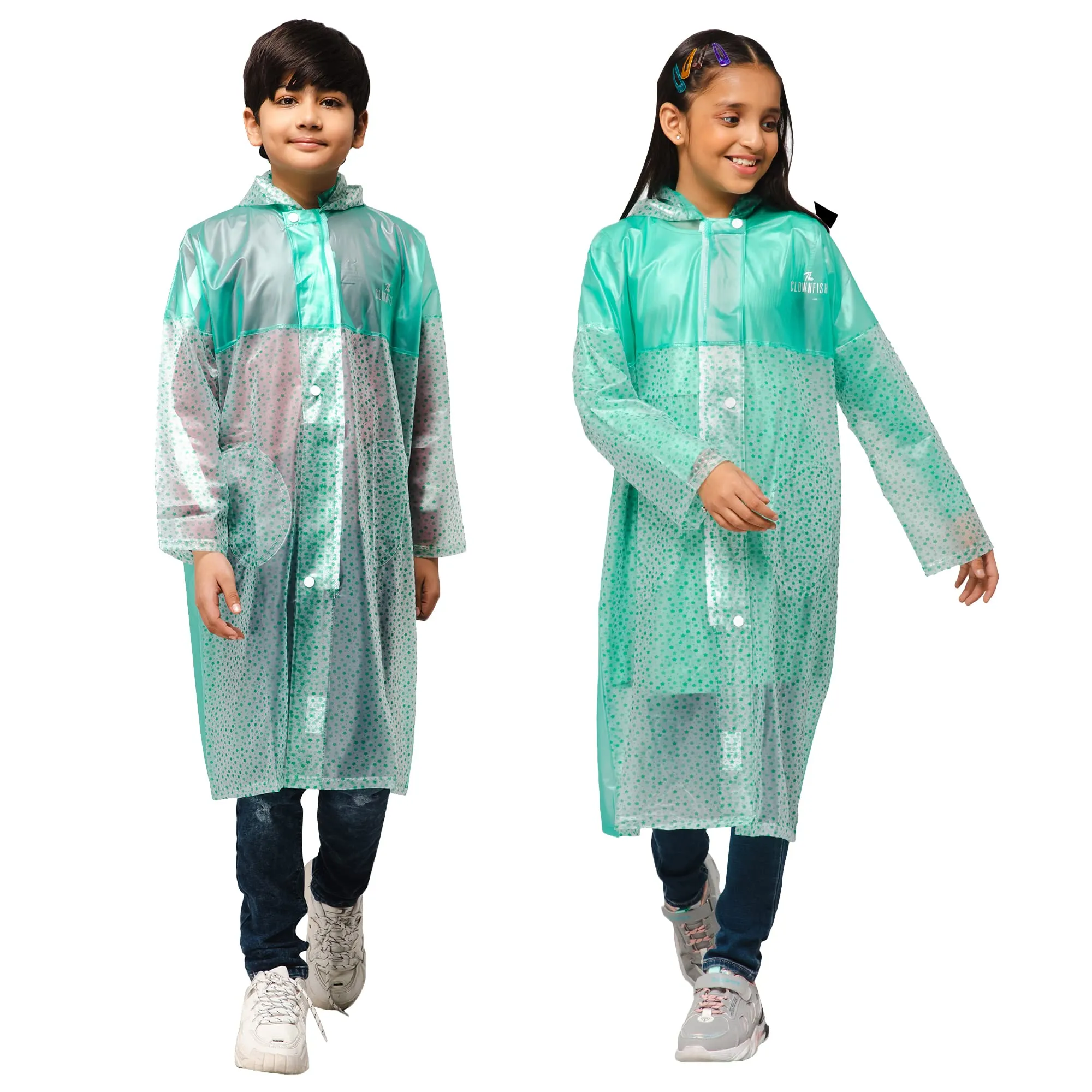 THE CLOWNFISH Misty Magic Series Unisex Kids Waterproof Single Layer PVC Longcoat/Raincoat with Adjustable Hood. Age-6-7 Years (Aqua Green)