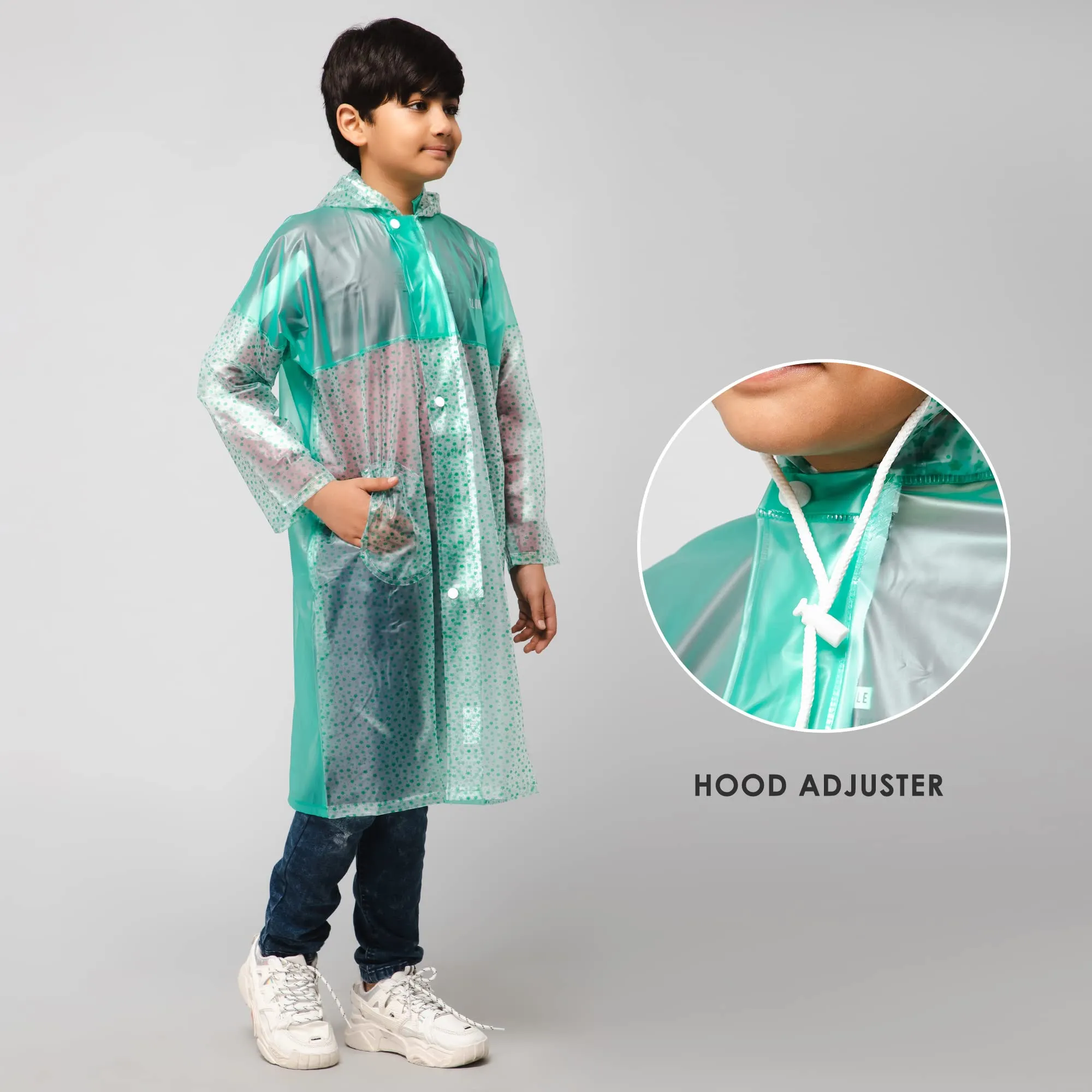 THE CLOWNFISH Misty Magic Series Unisex Kids Waterproof Single Layer PVC Longcoat/Raincoat with Adjustable Hood. Age-6-7 Years (Aqua Green)