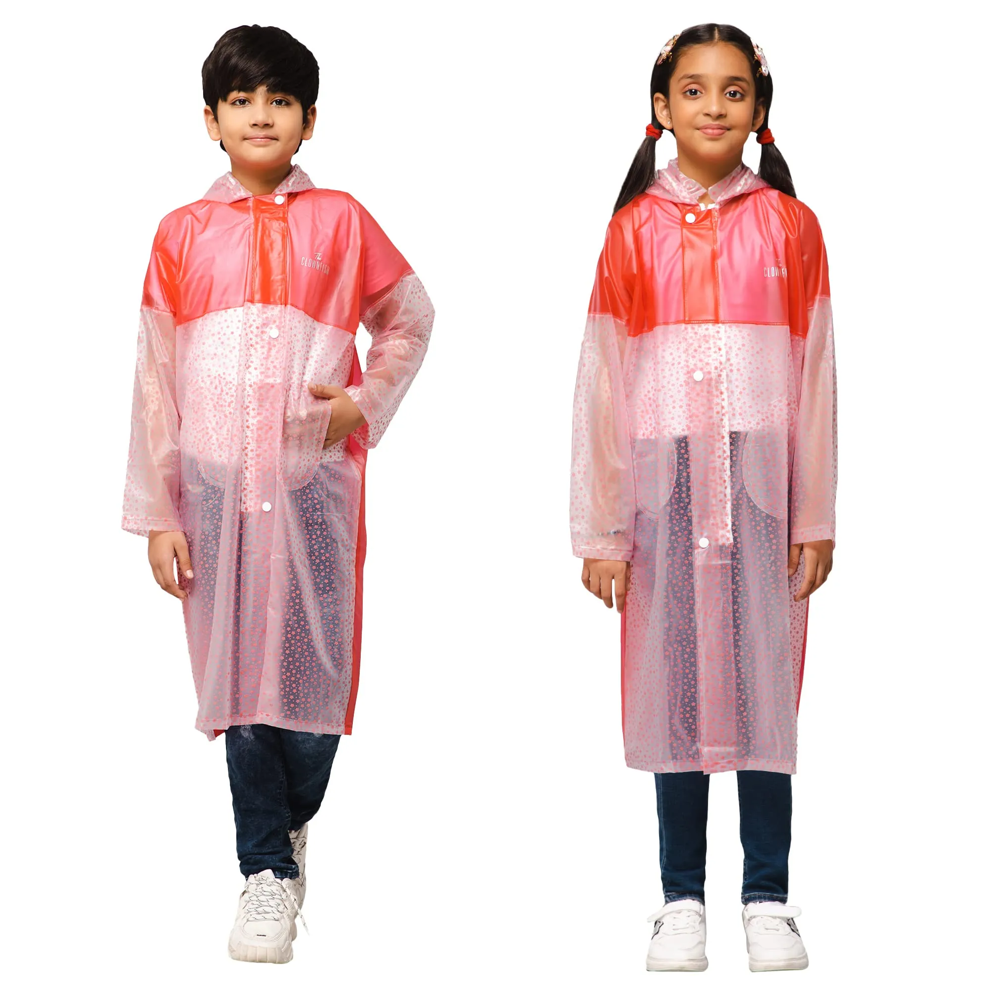 THE CLOWNFISH Misty Magic Series Unisex Kids Waterproof Single Layer PVC Longcoat/Raincoat with Adjustable Hood. Age-6-7 Years (Rose Red)