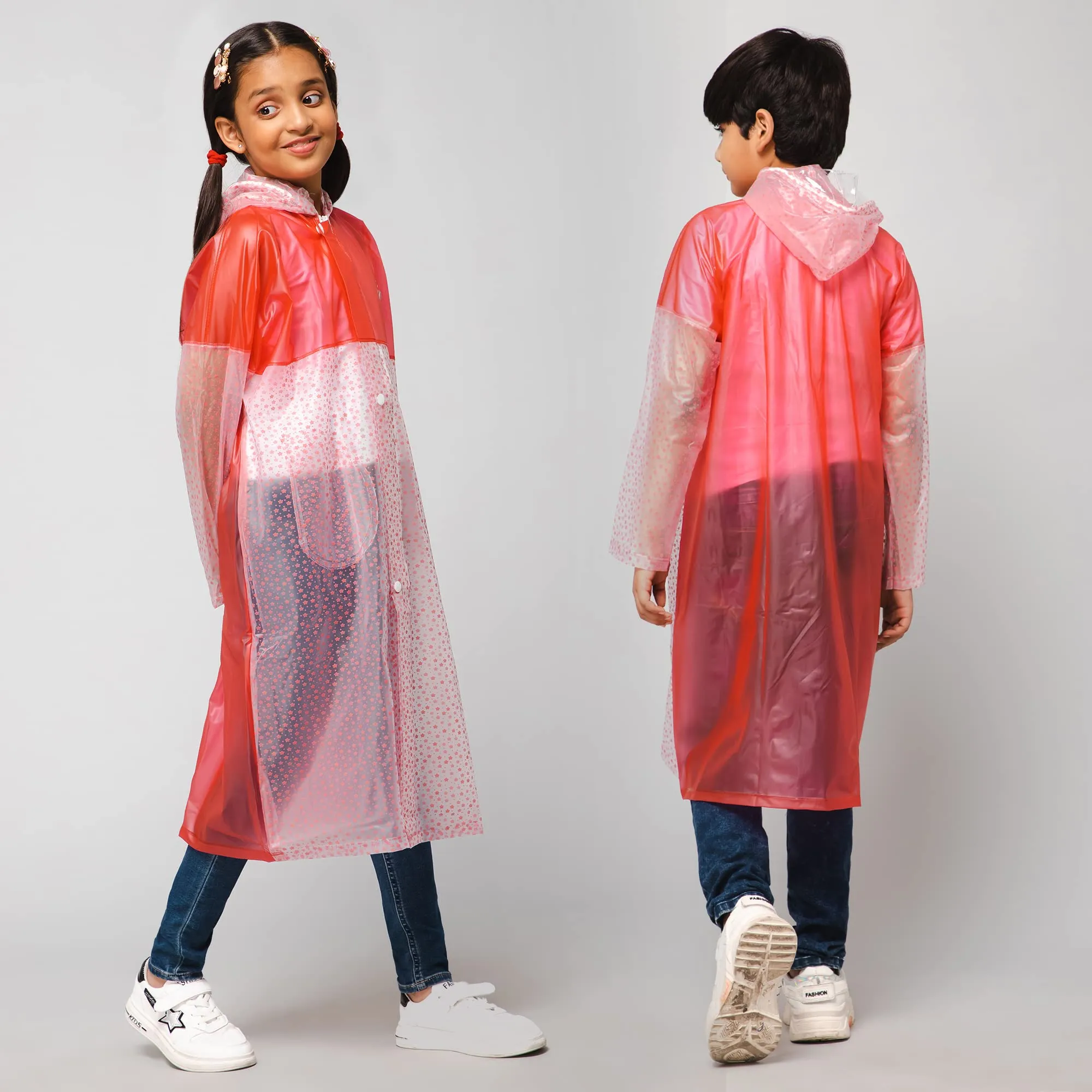 THE CLOWNFISH Misty Magic Series Unisex Kids Waterproof Single Layer PVC Longcoat/Raincoat with Adjustable Hood. Age-6-7 Years (Rose Red)