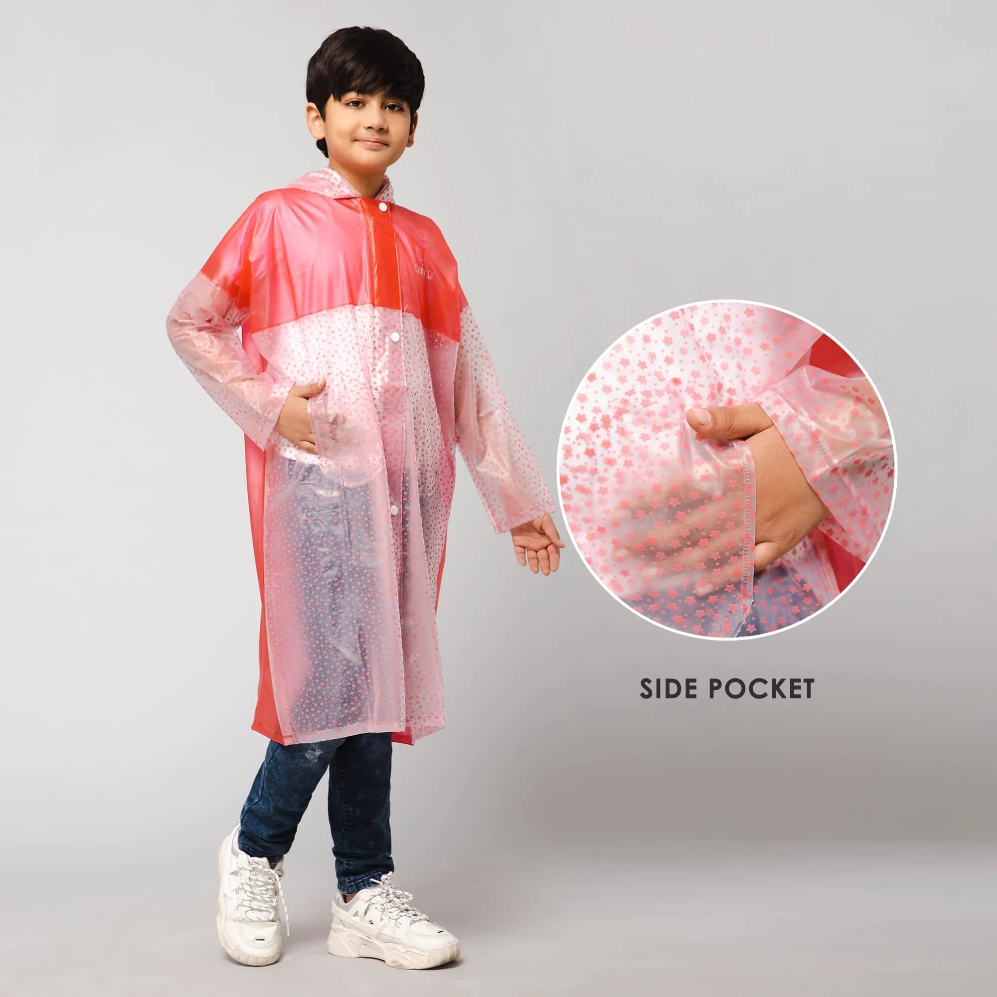 THE CLOWNFISH Misty Magic Series Unisex Kids Waterproof Single Layer PVC Longcoat/Raincoat with Adjustable Hood. Age-6-7 Years (Rose Red)