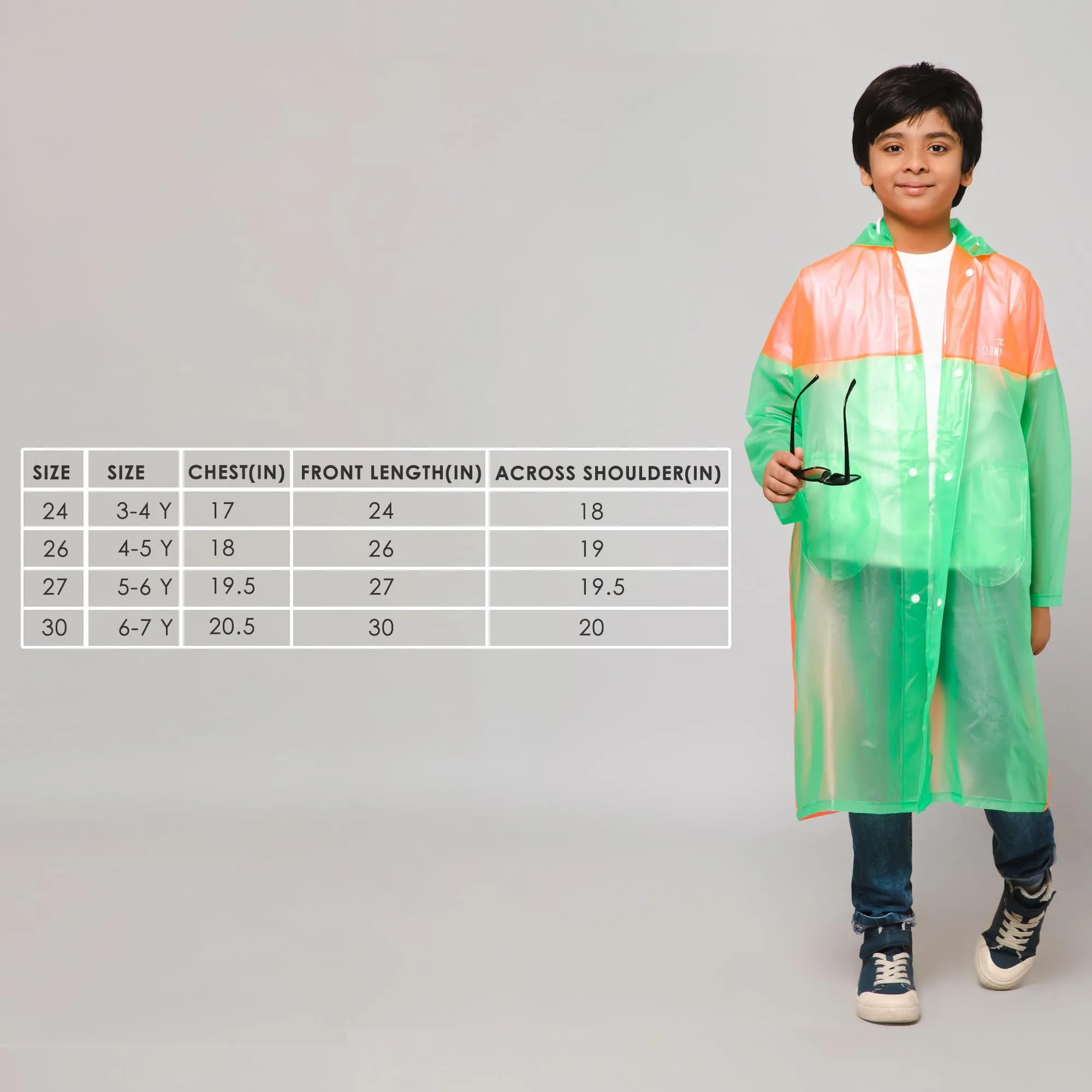 THE CLOWNFISH Puddle Jumper Series Unisex Kids Waterproof Single Layer PVC Longcoat/Raincoat with Adjustable Hood. Age-3-4 Years (Fluoroscent Green)