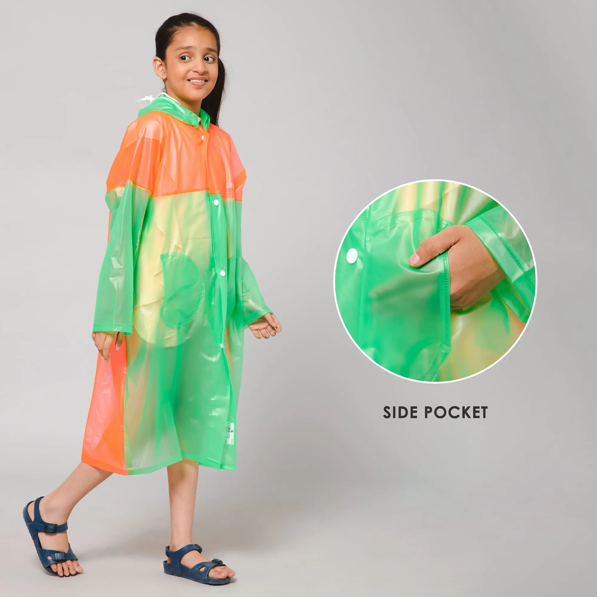 THE CLOWNFISH Puddle Jumper Series Unisex Kids Waterproof Single Layer PVC Longcoat/Raincoat with Adjustable Hood. Age-3-4 Years (Fluoroscent Green)