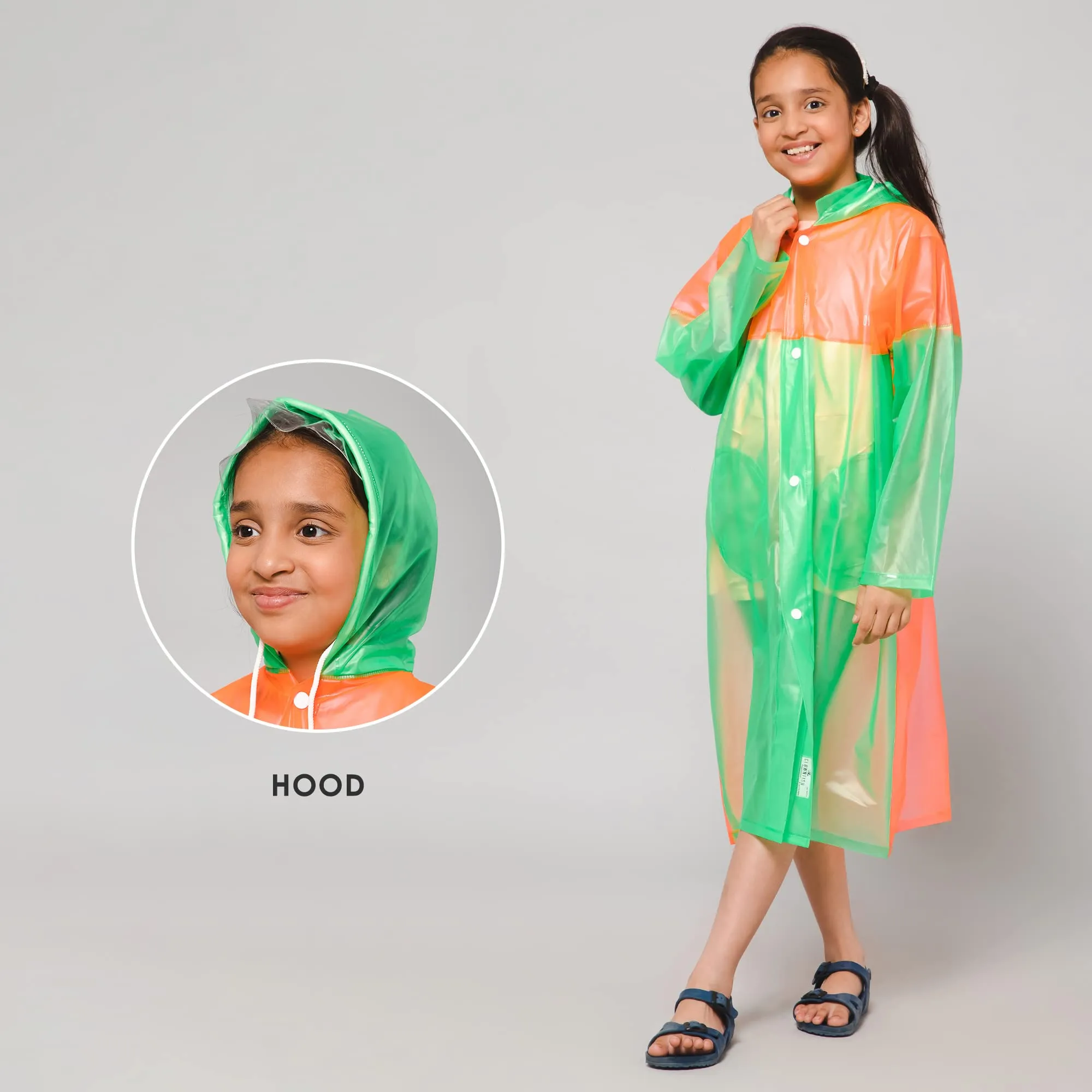 THE CLOWNFISH Puddle Jumper Series Unisex Kids Waterproof Single Layer PVC Longcoat/Raincoat with Adjustable Hood. Age-3-4 Years (Fluoroscent Green)