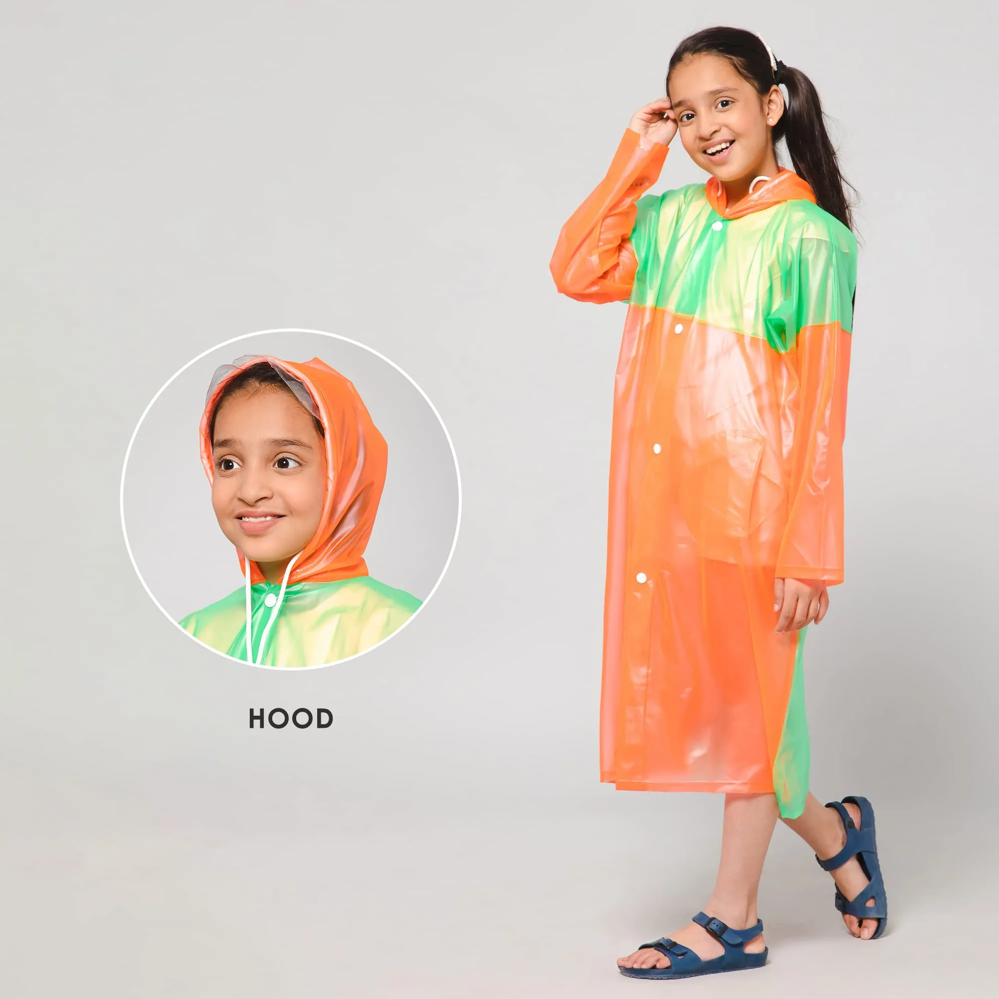 THE CLOWNFISH Puddle Jumper Series Unisex Kids Waterproof Single Layer PVC Longcoat/Raincoat with Adjustable Hood. Age-4-5 Years (Orange)