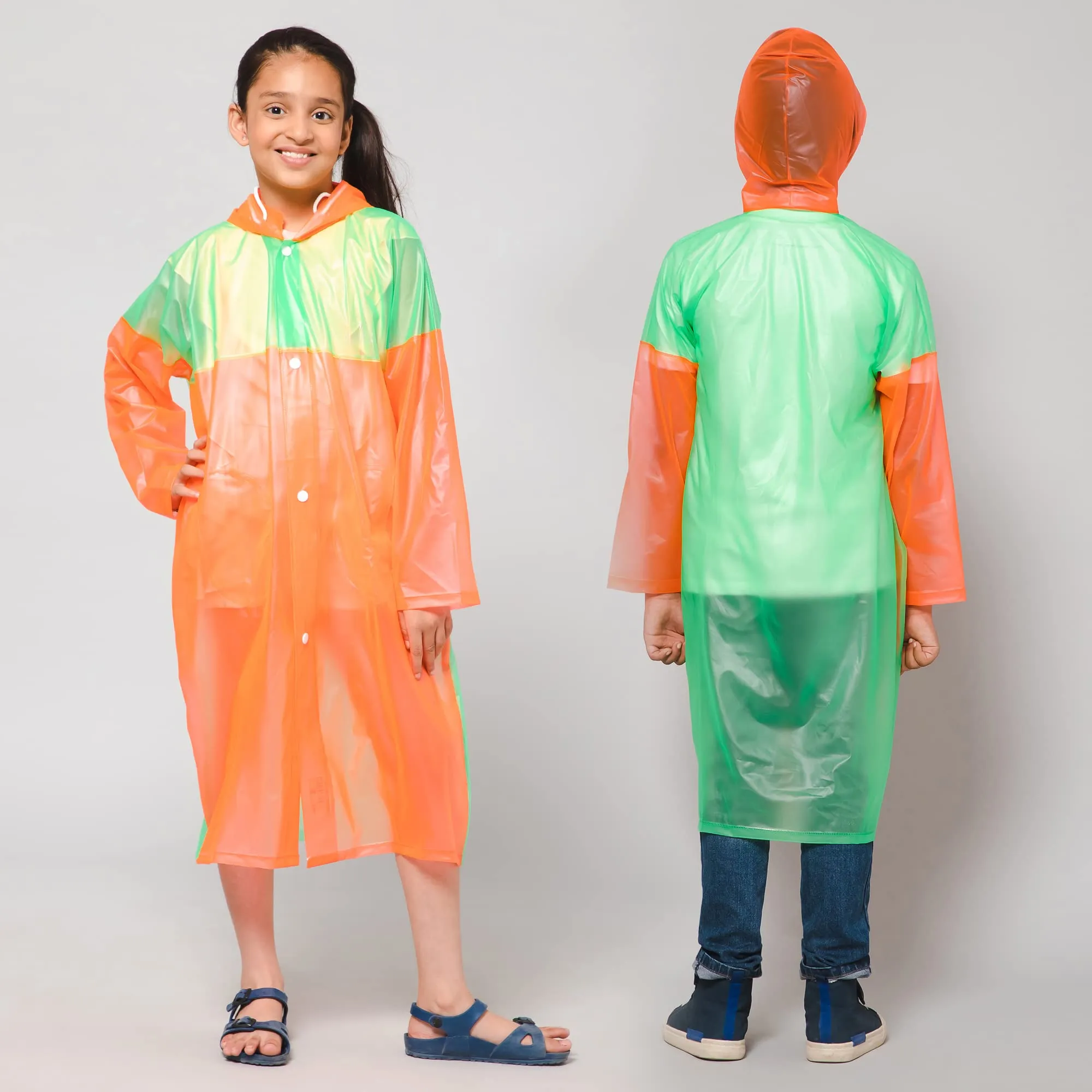 THE CLOWNFISH Puddle Jumper Series Unisex Kids Waterproof Single Layer PVC Longcoat/Raincoat with Adjustable Hood. Age-4-5 Years (Orange)