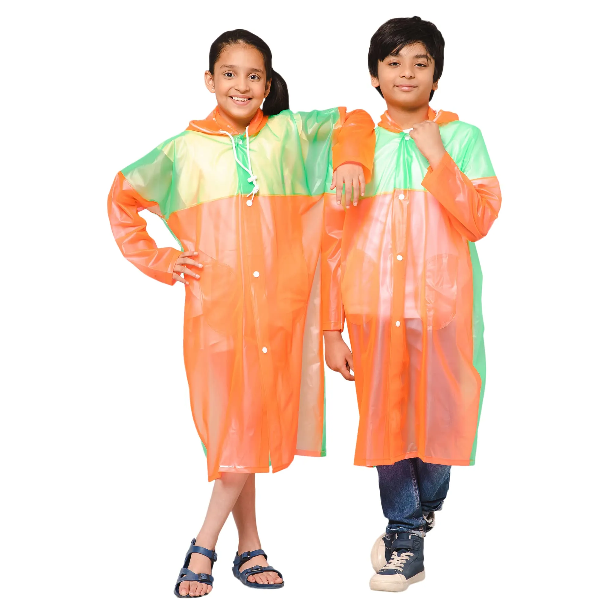 THE CLOWNFISH Puddle Jumper Series Unisex Kids Waterproof Single Layer PVC Longcoat/Raincoat with Adjustable Hood. Age-4-5 Years (Orange)