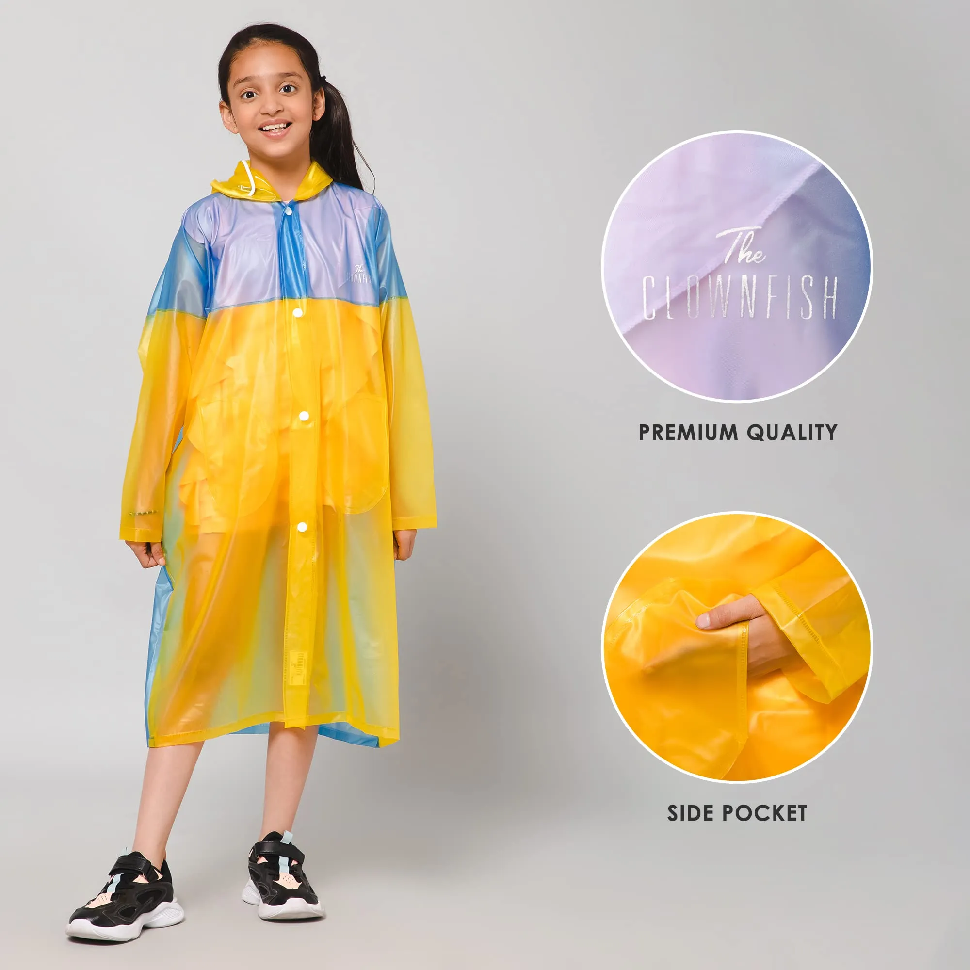 THE CLOWNFISH Puddle Jumper Series Unisex Kids Waterproof Single Layer PVC Longcoat/Raincoat with Adjustable Hood. Age-6-7 Years (Blue)