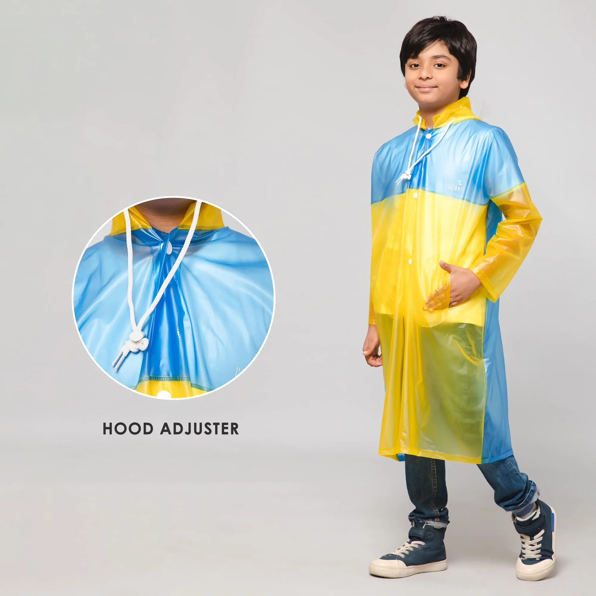 THE CLOWNFISH Puddle Jumper Series Unisex Kids Waterproof Single Layer PVC Longcoat/Raincoat with Adjustable Hood. Age-6-7 Years (Fluoroscent Blue)