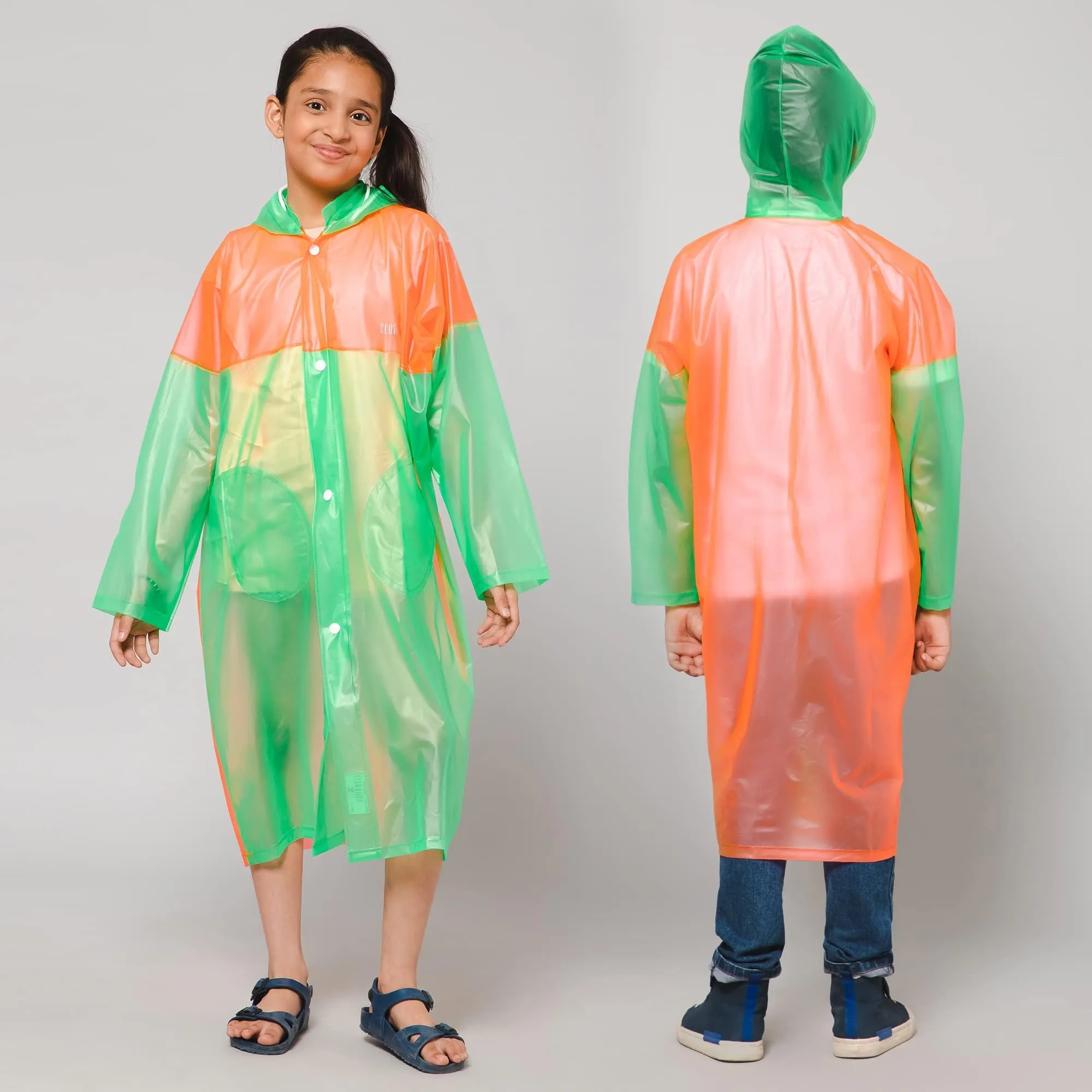 THE CLOWNFISH Puddle Jumper Series Unisex Kids Waterproof Single Layer PVC Longcoat/Raincoat with Adjustable Hood. Age-6-7 Years (Fluoroscent Pink)