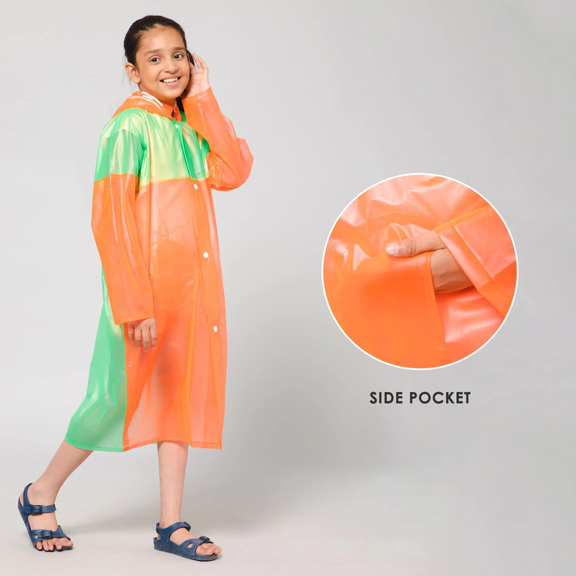 THE CLOWNFISH Puddle Jumper Series Unisex Kids Waterproof Single Layer PVC Longcoat/Raincoat with Adjustable Hood. Age-6-7 Years (Orange)