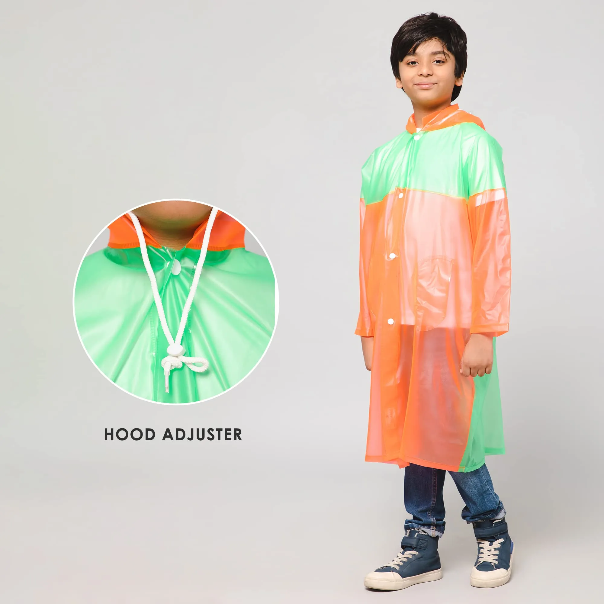 THE CLOWNFISH Puddle Jumper Series Unisex Kids Waterproof Single Layer PVC Longcoat/Raincoat with Adjustable Hood. Age-6-7 Years (Orange)