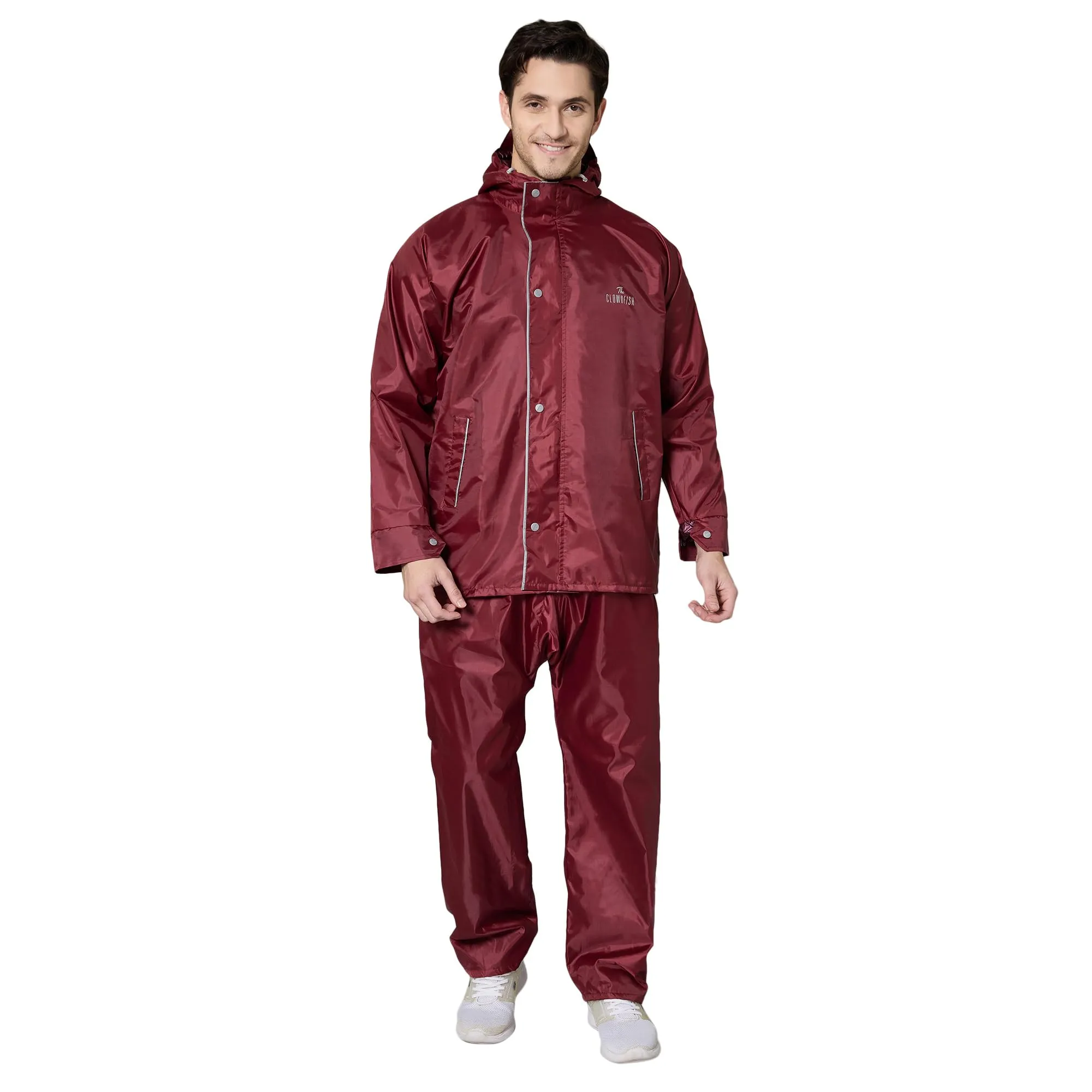 THE CLOWNFISH Rain Coat for Men Waterproof Raincoat with Pants Polyester Reversible Double Layer Rain Coat For Men Bike Rain Suit Rain Jacket Suit Inner Mobile Pocket with Storage Bag (Maroon XXXL)