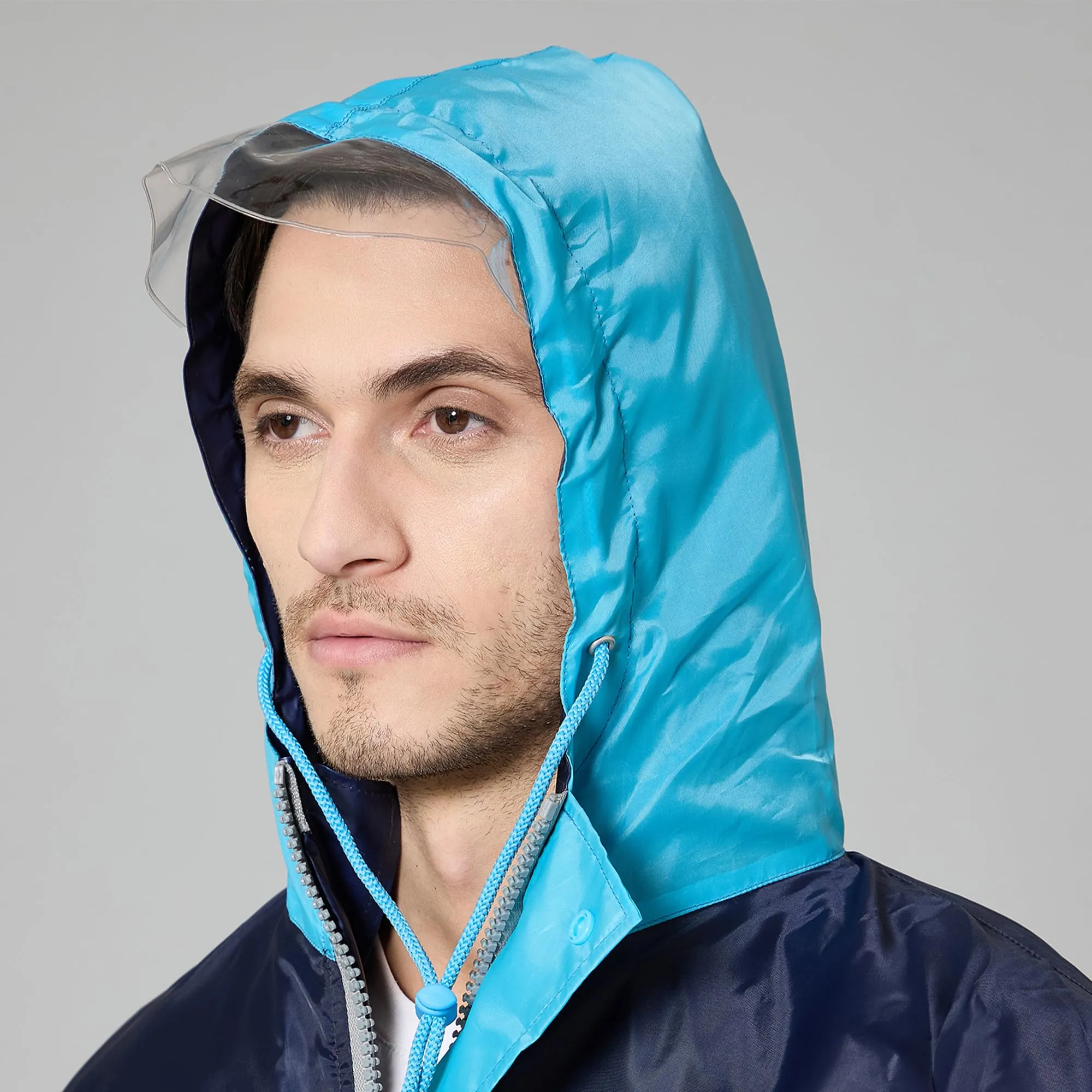 THE CLOWNFISH Raincoats for Men Waterproof Reversible for Bike Double Layer with Hood Rain Coat for Men. Set of Top and Bottom. Color Block Series (Dark Blue/Light Blue, XL)