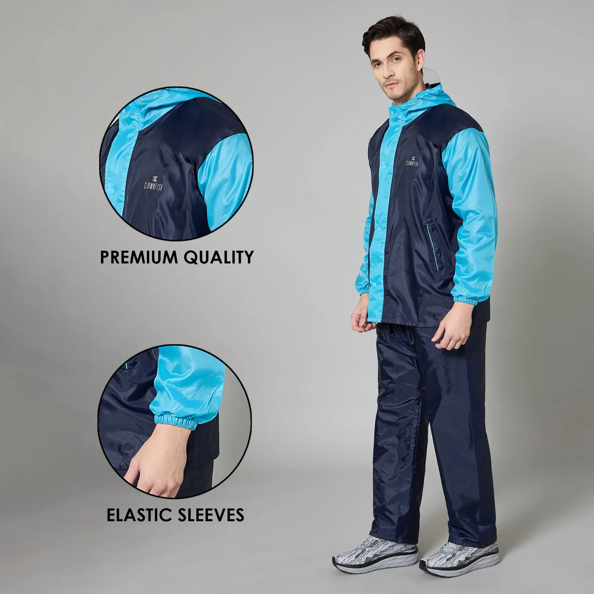 THE CLOWNFISH Raincoats for Men Waterproof Reversible for Bike Double Layer with Hood Rain Coat for Men. Set of Top and Bottom. Color Block Series (Dark Blue/Light Blue, XL)