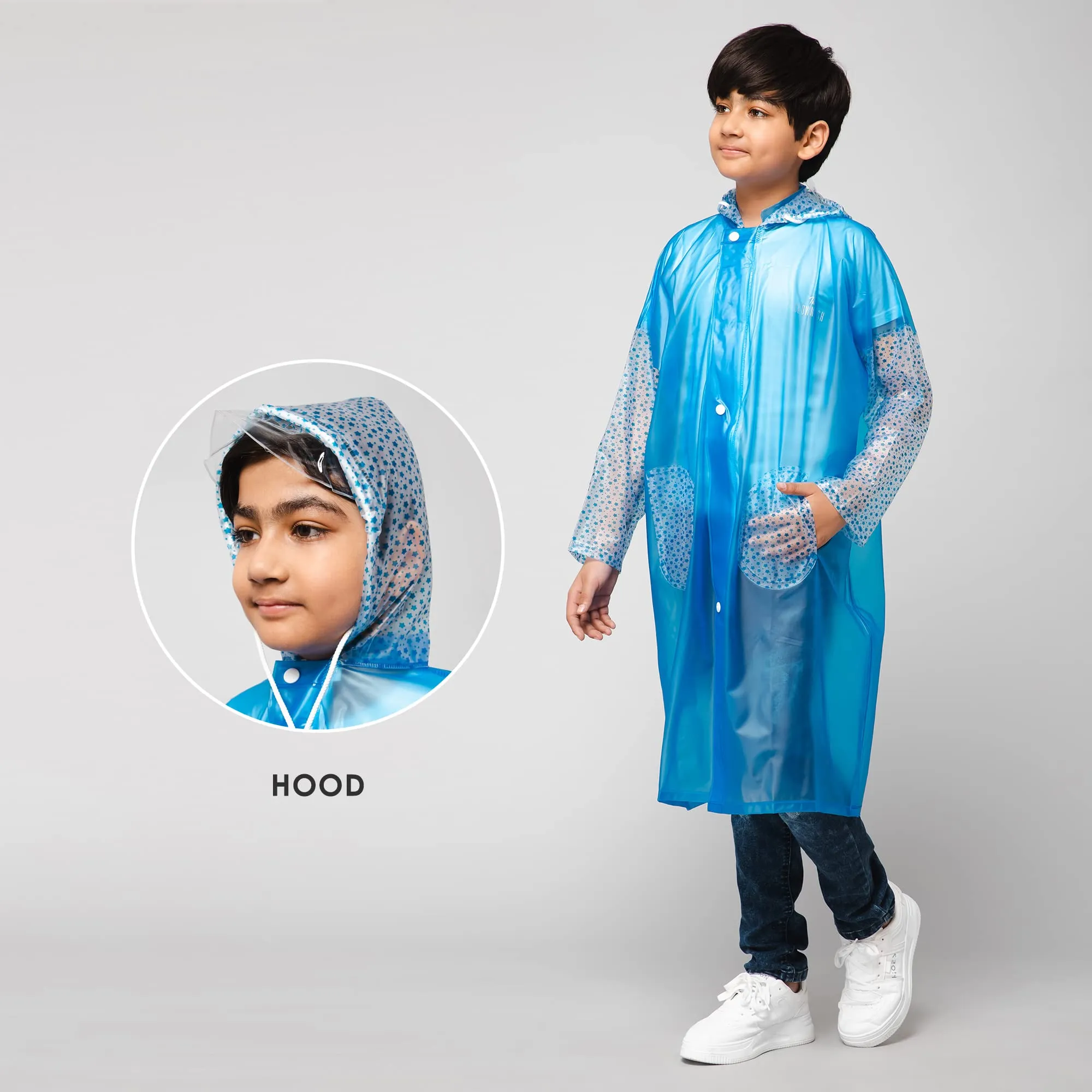 THE CLOWNFISH Shower Saver Series Unisex Kids Waterproof Single Layer PVC Longcoat/Raincoat with Adjustable Hood. Age-6-7 Years (Sky Blue)