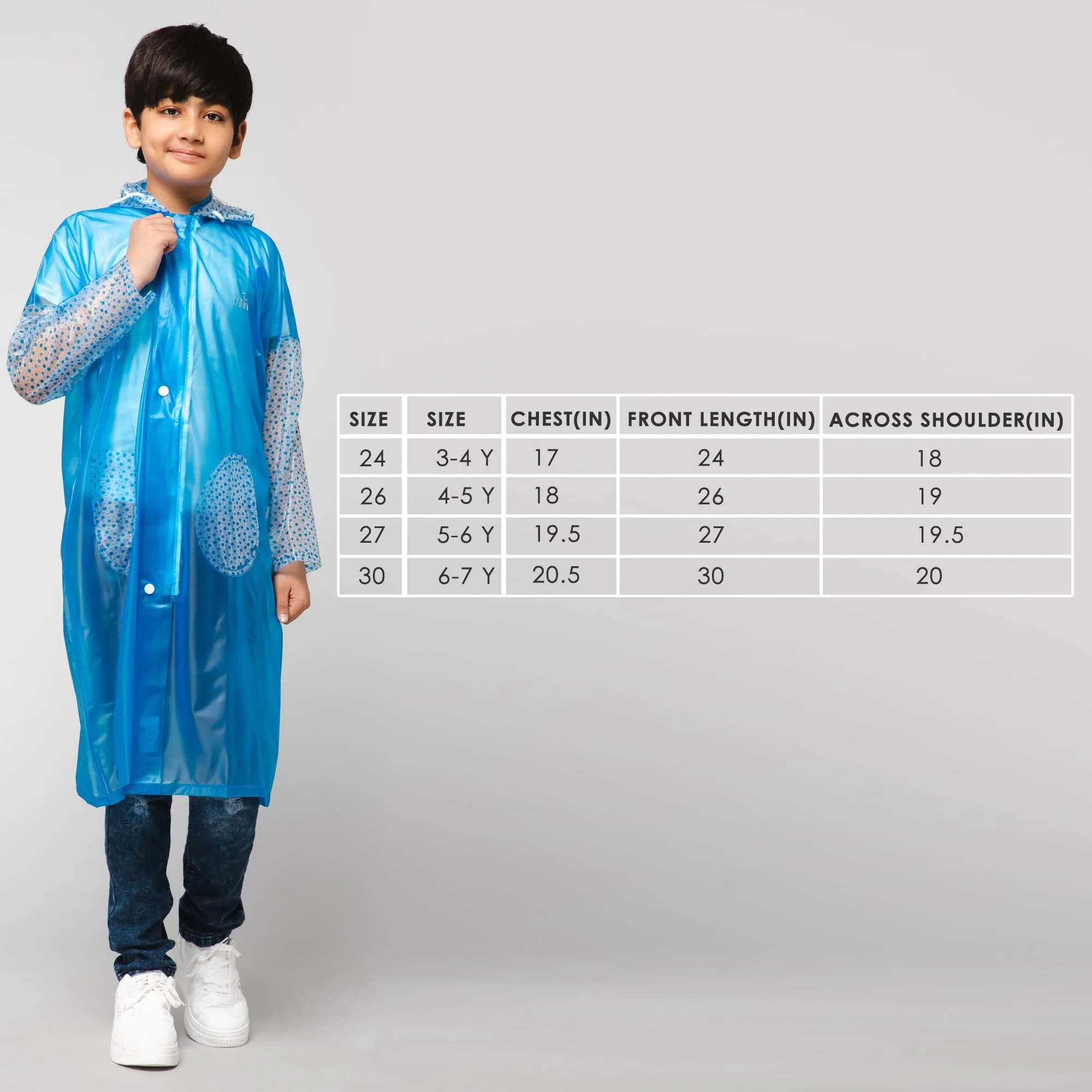 THE CLOWNFISH Shower Saver Series Unisex Kids Waterproof Single Layer PVC Longcoat/Raincoat with Adjustable Hood. Age-6-7 Years (Sky Blue)