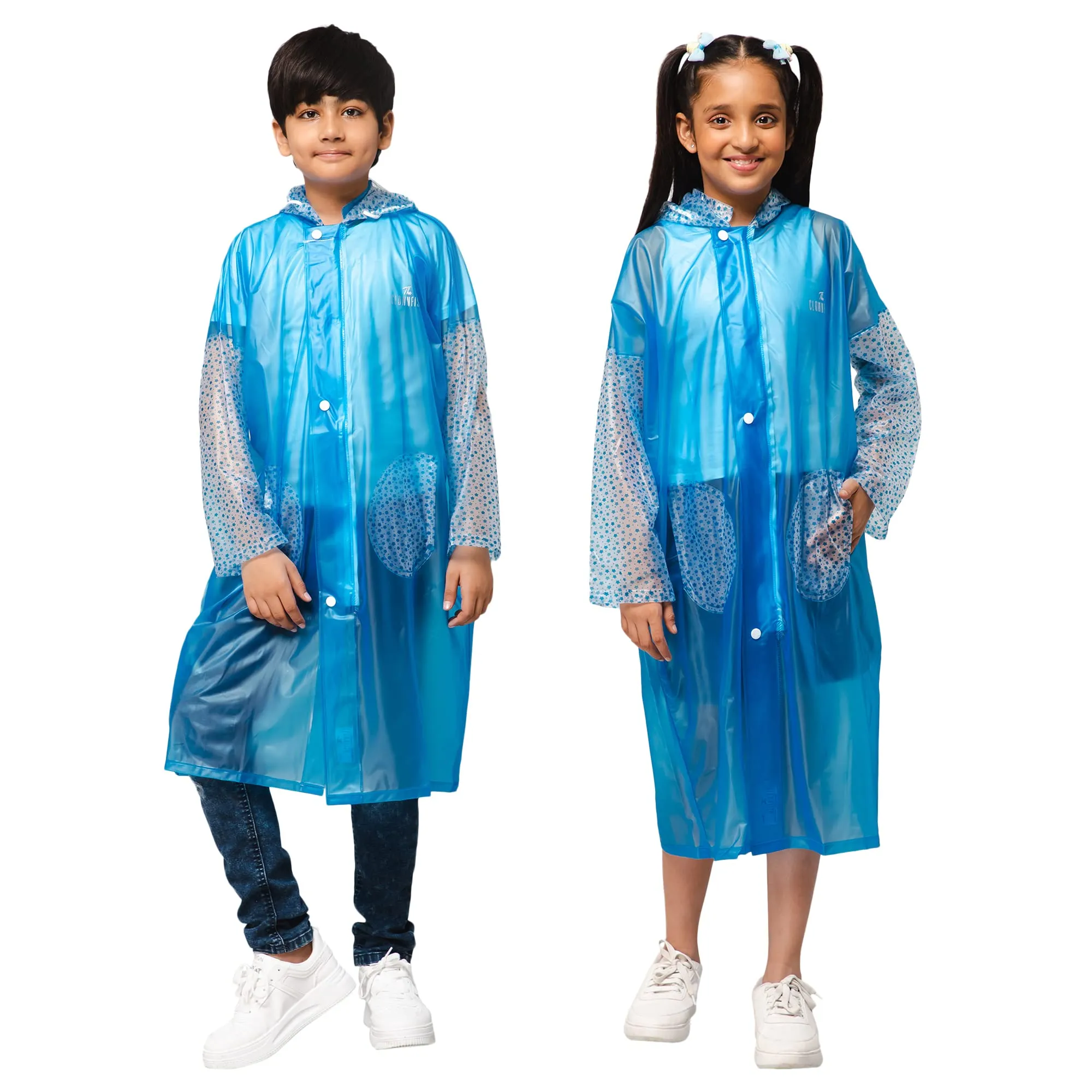 THE CLOWNFISH Shower Saver Series Unisex Kids Waterproof Single Layer PVC Longcoat/Raincoat with Adjustable Hood. Age-6-7 Years (Sky Blue)