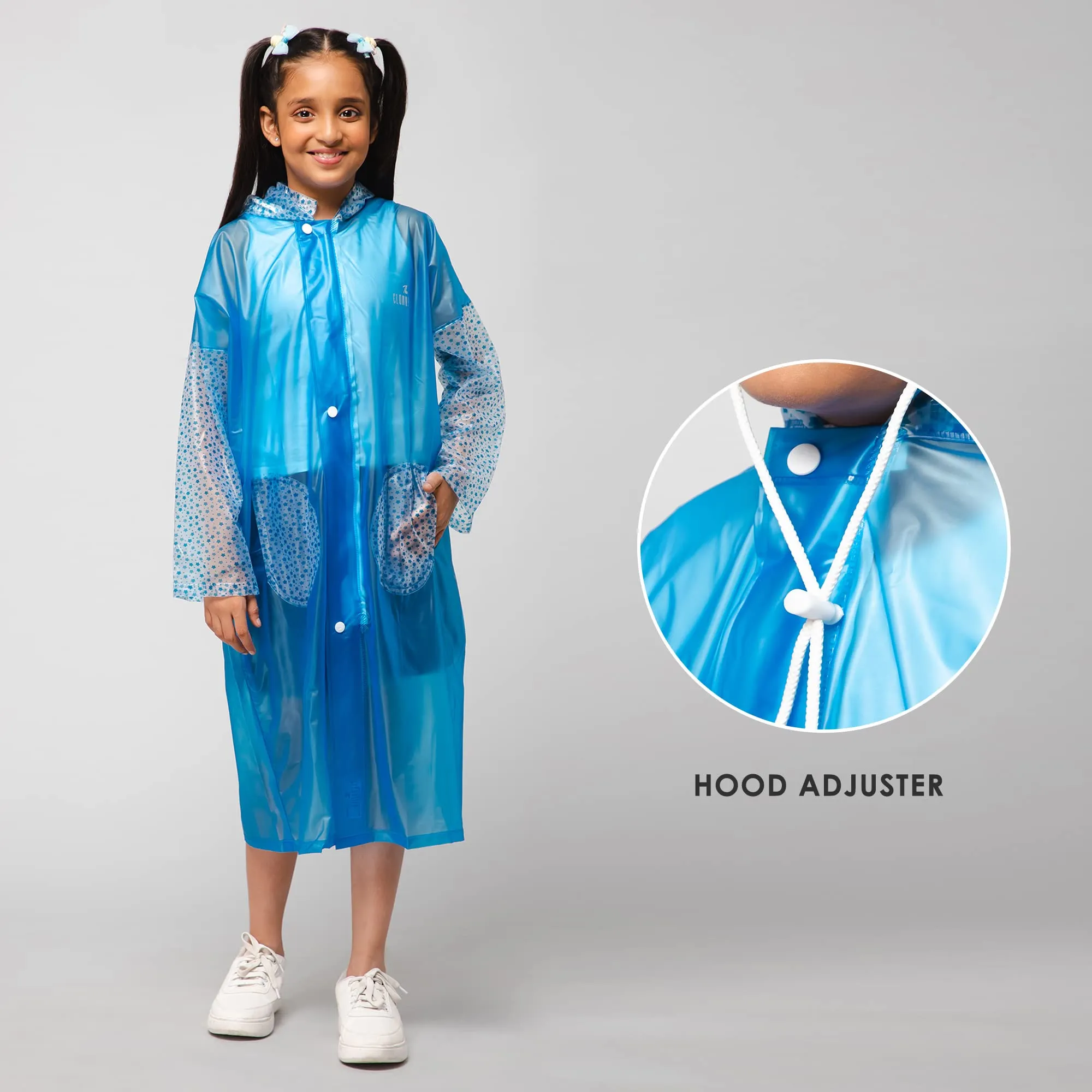 THE CLOWNFISH Shower Saver Series Unisex Kids Waterproof Single Layer PVC Longcoat/Raincoat with Adjustable Hood. Age-6-7 Years (Sky Blue)