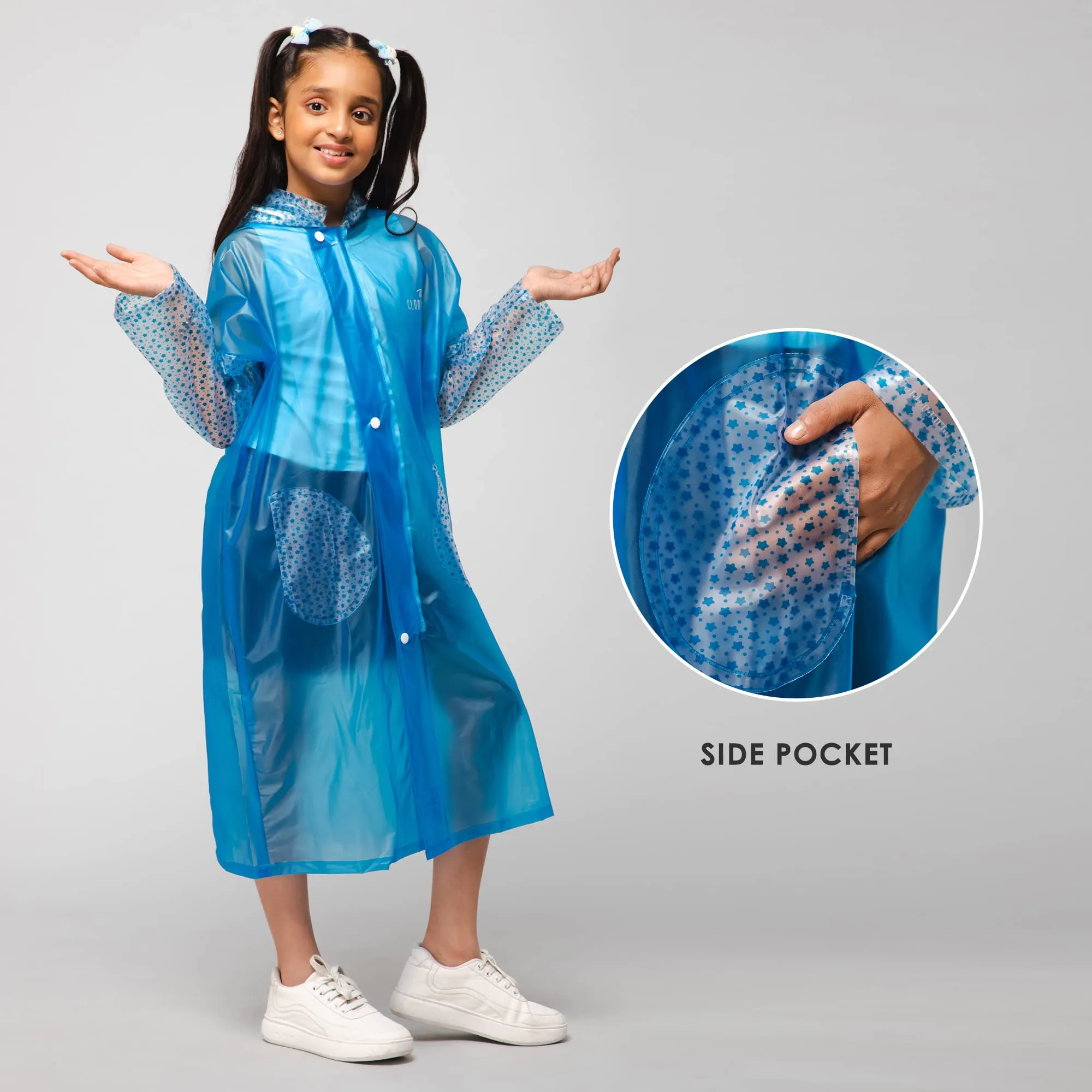 THE CLOWNFISH Shower Saver Series Unisex Kids Waterproof Single Layer PVC Longcoat/Raincoat with Adjustable Hood. Age-6-7 Years (Sky Blue)