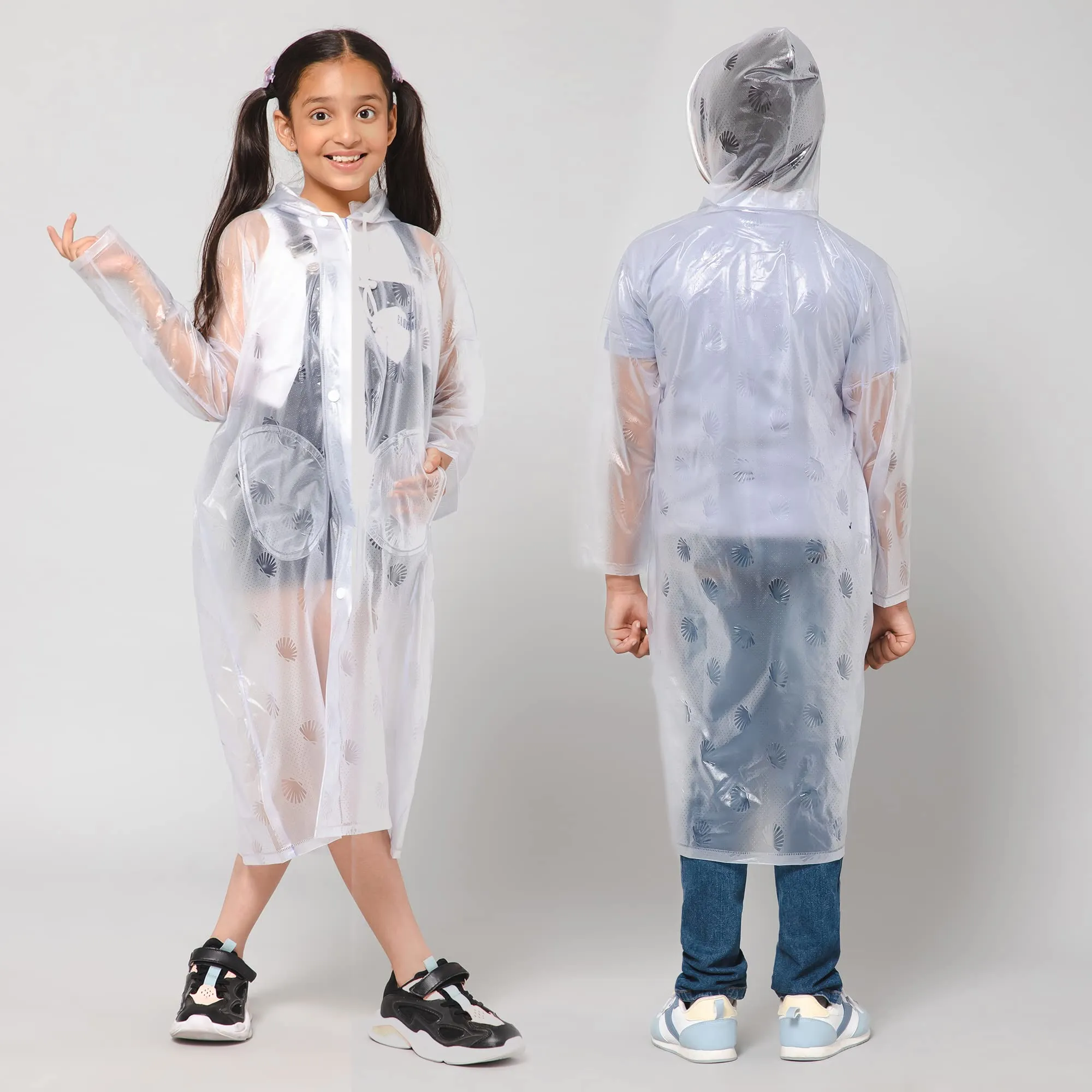 THE CLOWNFISH Storm Shield Series Unisex Kids Waterproof Single Layer PVC Longcoat/Raincoat with Adjustable Hood. Age-11-12 Years (Transparent White)