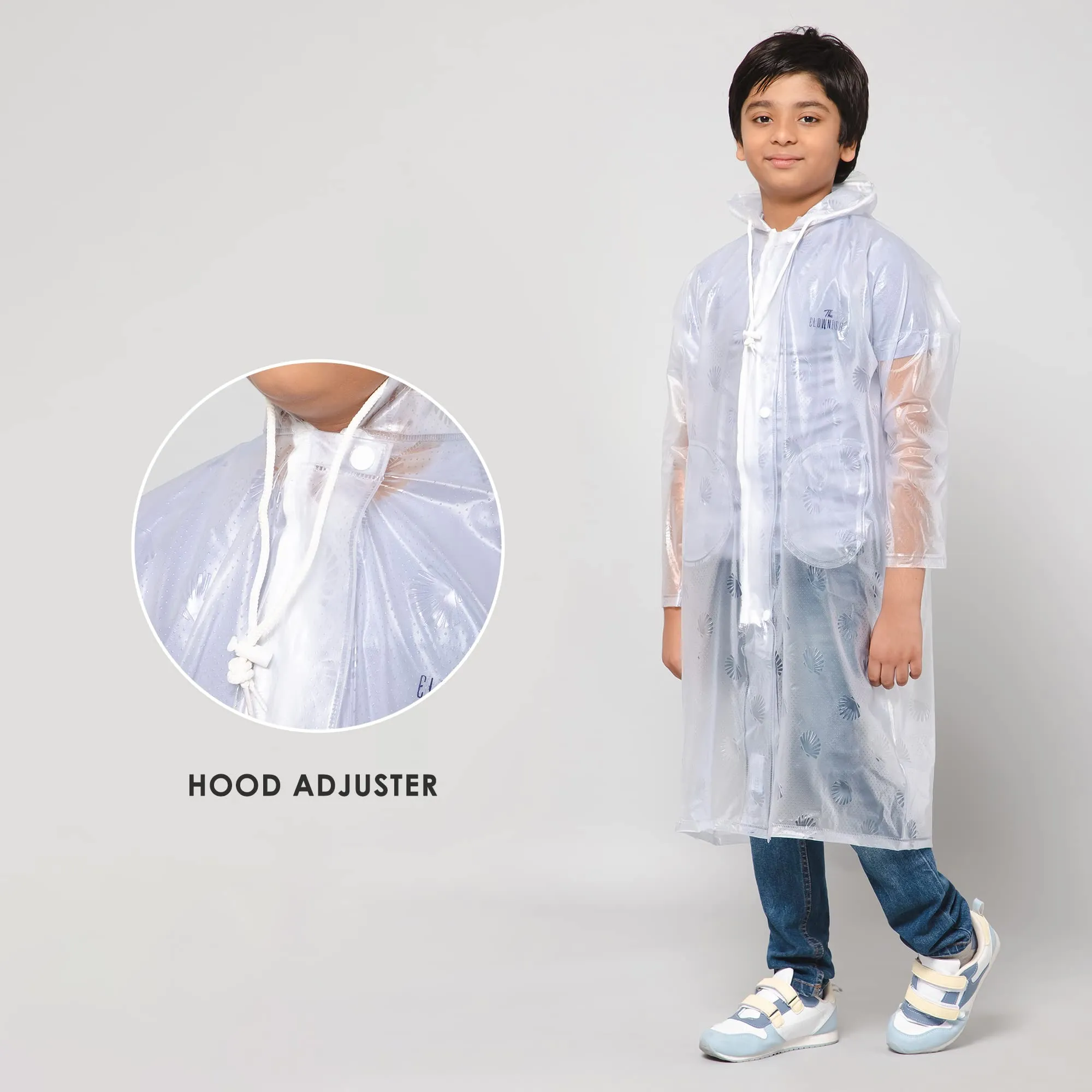 THE CLOWNFISH Storm Shield Series Unisex Kids Waterproof Single Layer PVC Longcoat/Raincoat with Adjustable Hood. Age-11-12 Years (Transparent White)