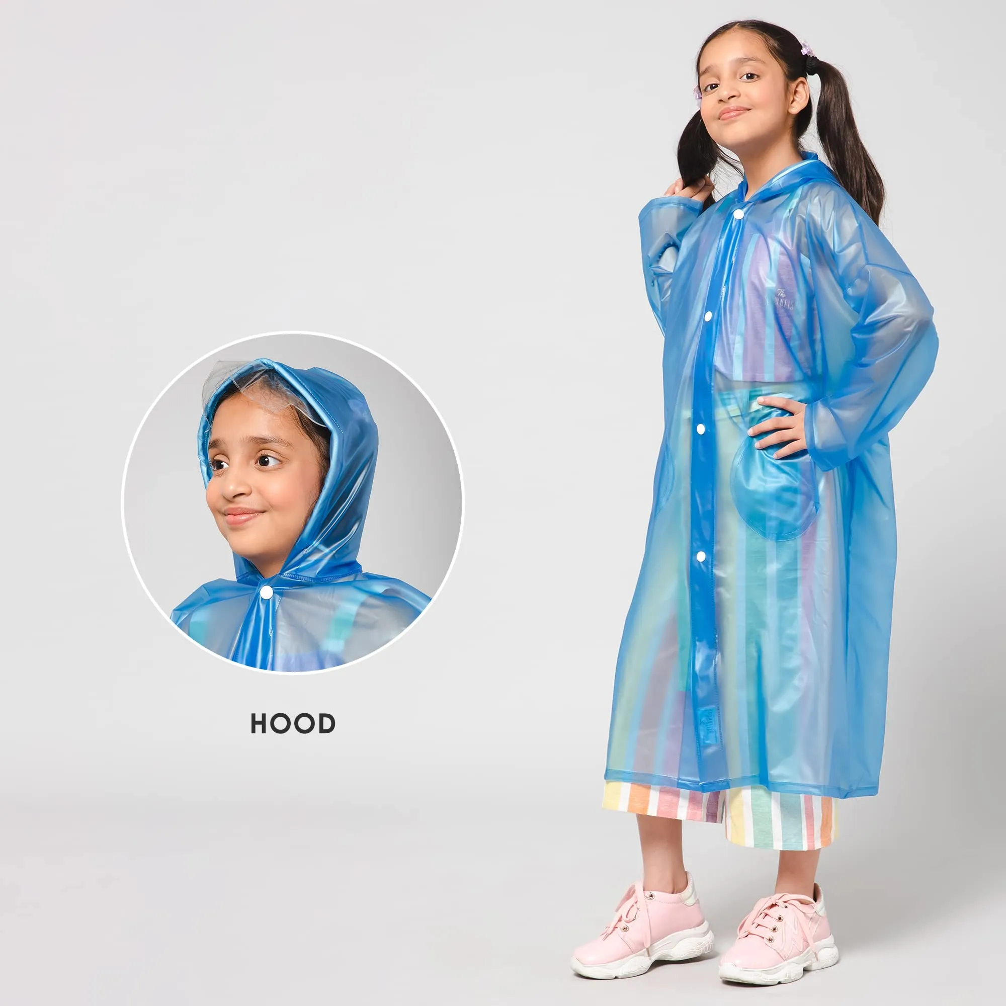 THE CLOWNFISH Storm Shield Series Unisex Kids Waterproof Single Layer PVC Longcoat/Raincoat with Adjustable Hood. Age-13-14 Years (Dark Blue)