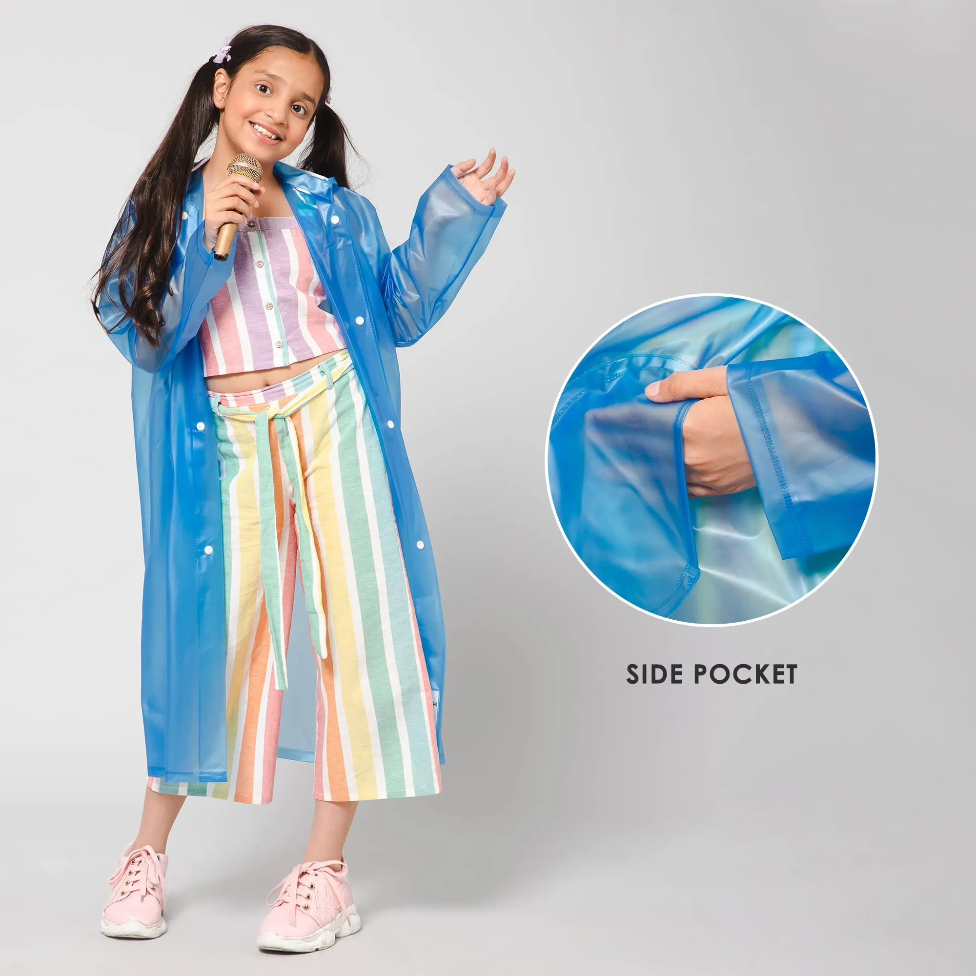 THE CLOWNFISH Storm Shield Series Unisex Kids Waterproof Single Layer PVC Longcoat/Raincoat with Adjustable Hood. Age-13-14 Years (Dark Blue)