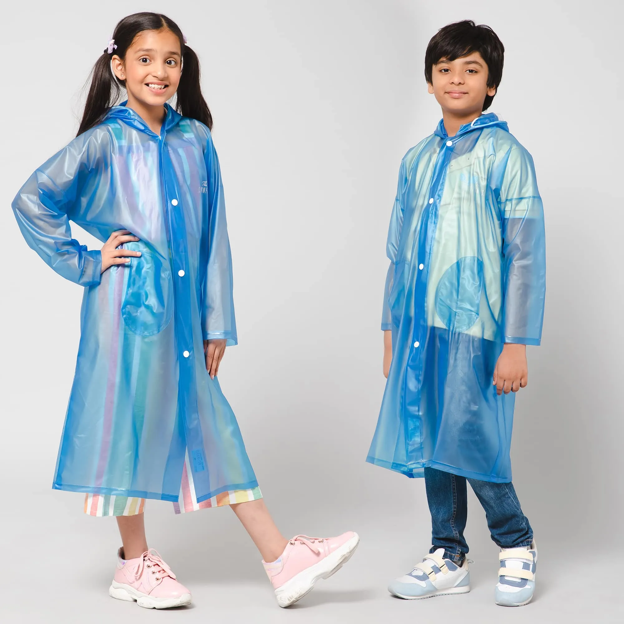 THE CLOWNFISH Storm Shield Series Unisex Kids Waterproof Single Layer PVC Longcoat/Raincoat with Adjustable Hood. Age-13-14 Years (Dark Blue)