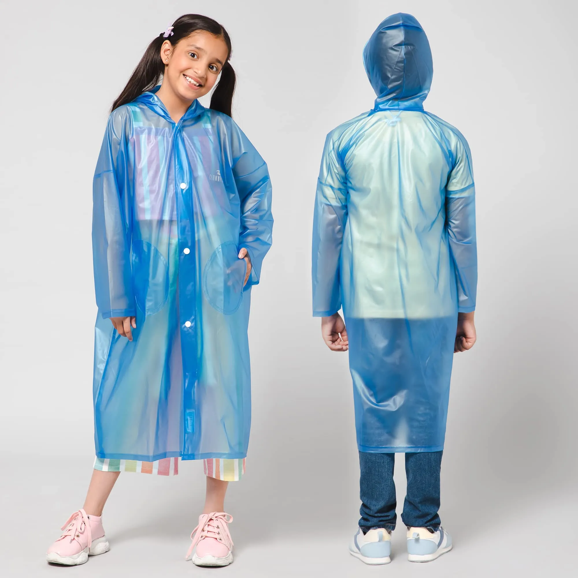 THE CLOWNFISH Storm Shield Series Unisex Kids Waterproof Single Layer PVC Longcoat/Raincoat with Adjustable Hood. Age-5-6 Years (Dark Blue)