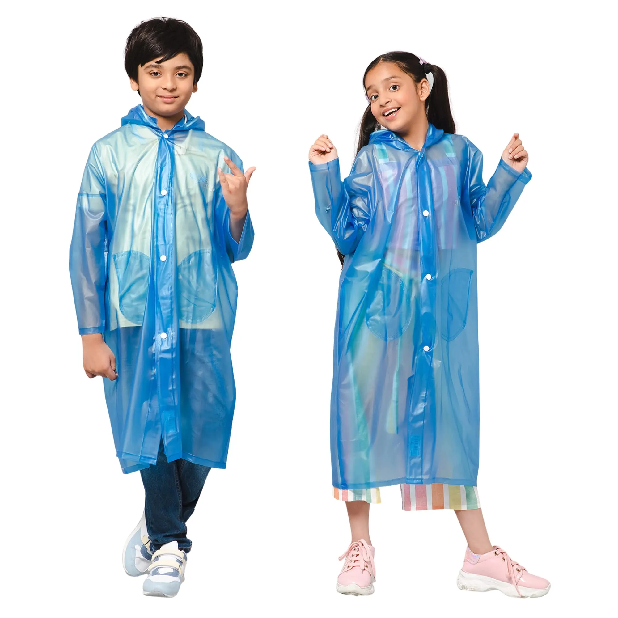 THE CLOWNFISH Storm Shield Series Unisex Kids Waterproof Single Layer PVC Longcoat/Raincoat with Adjustable Hood. Age-5-6 Years (Dark Blue)