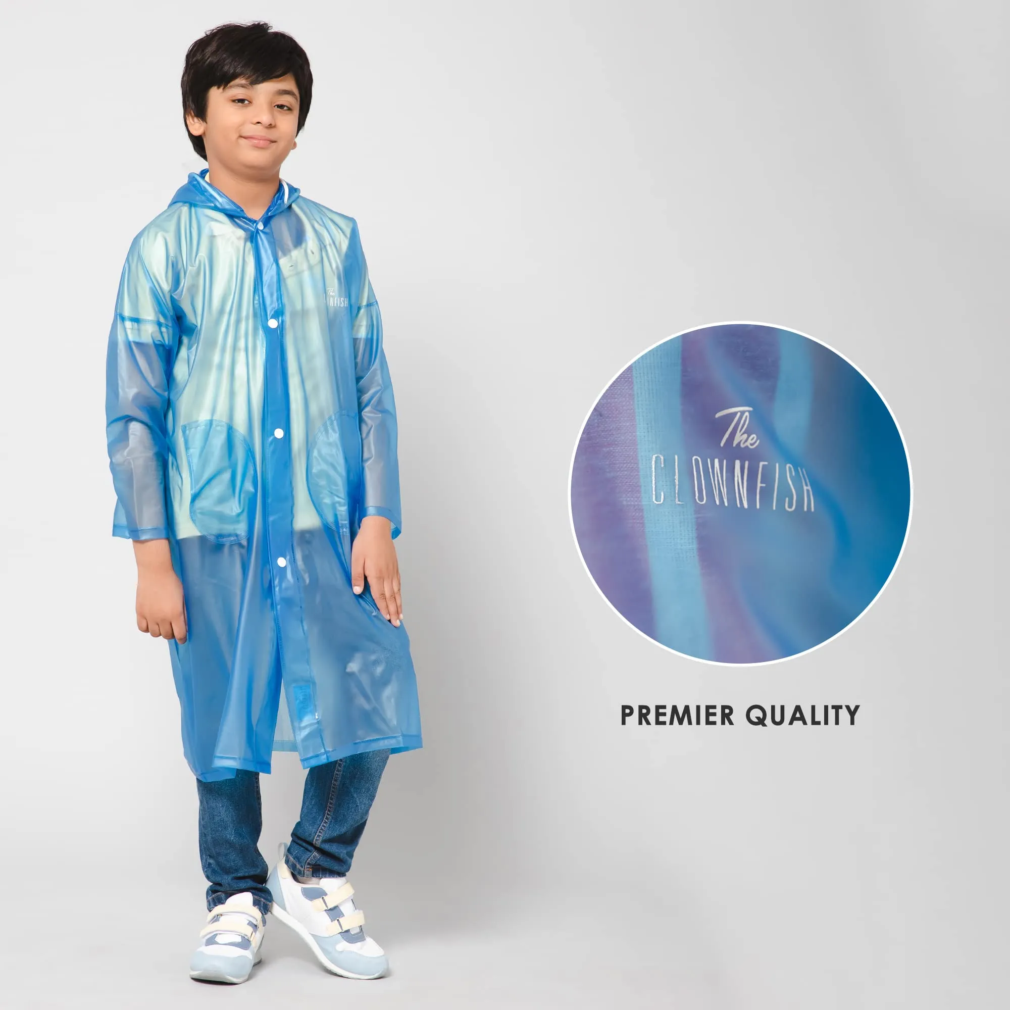 THE CLOWNFISH Storm Shield Series Unisex Kids Waterproof Single Layer PVC Longcoat/Raincoat with Adjustable Hood. Age-5-6 Years (Dark Blue)