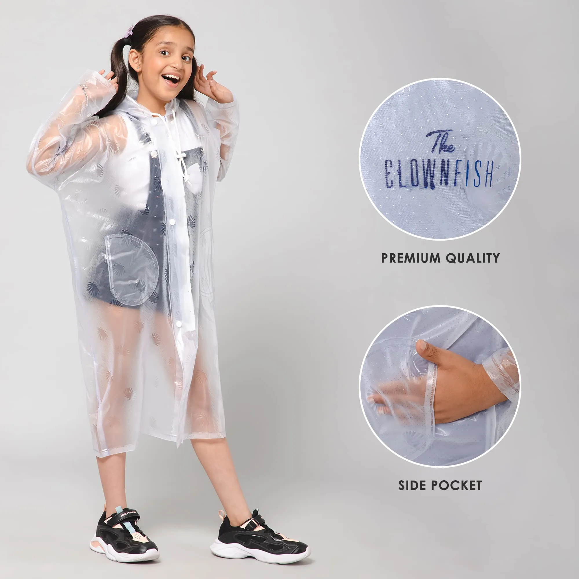 THE CLOWNFISH Storm Shield Series Unisex Kids Waterproof Single Layer PVC Longcoat/Raincoat with Adjustable Hood. Age-5-6 Years (Transparent White)