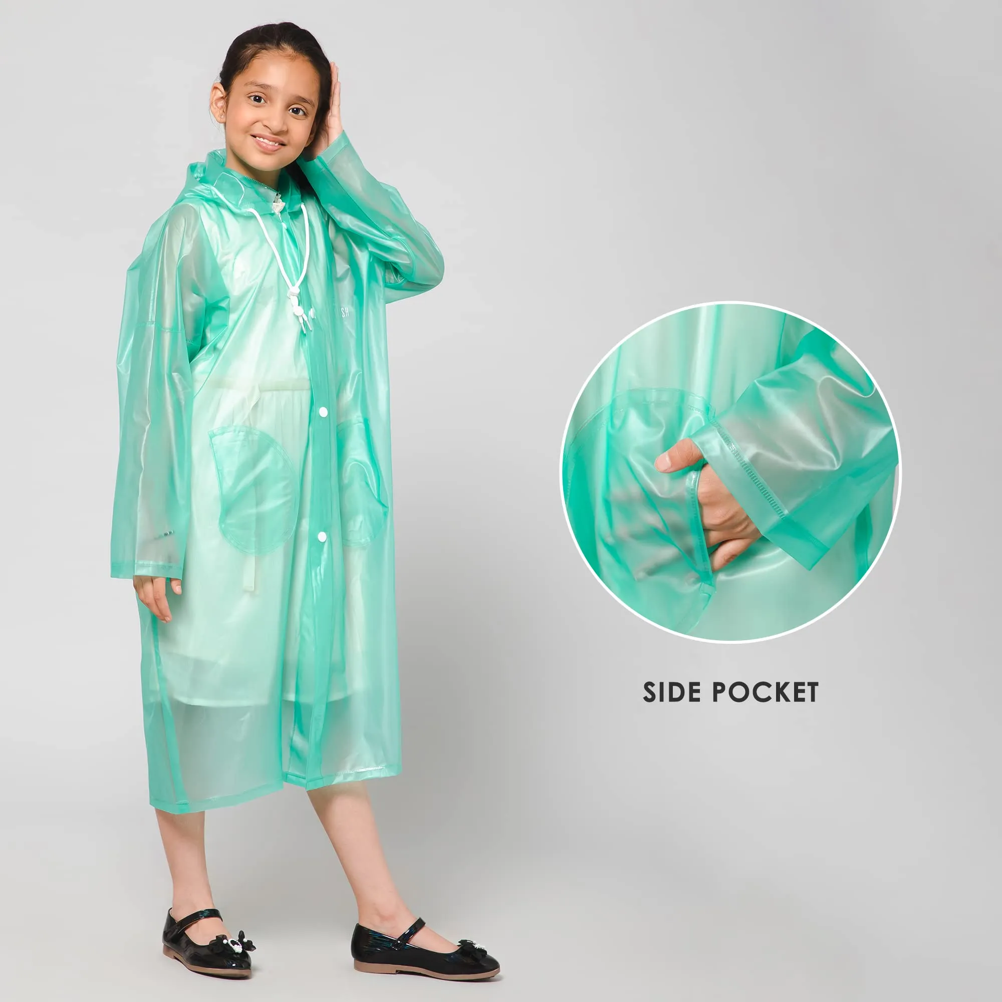 THE CLOWNFISH Wet & Wild Series Unisex Kids Waterproof Single Layer PVC Longcoat/Raincoat with Adjustable Hood. Age-3-4 Years (Fern Green)