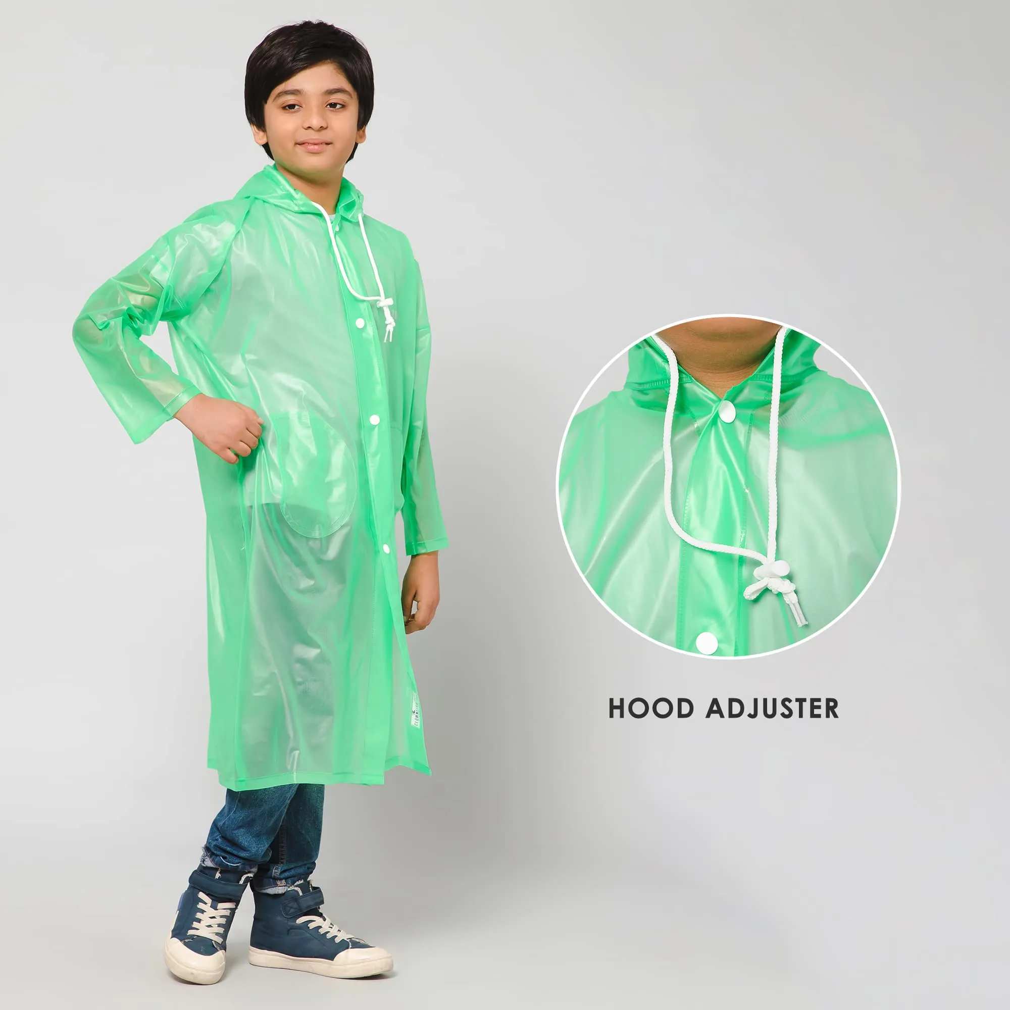 THE CLOWNFISH Wet & Wild Series Unisex Kids Waterproof Single Layer PVC Longcoat/Raincoat with Adjustable Hood. Age-3-4 Years (Fluoroscent Green)