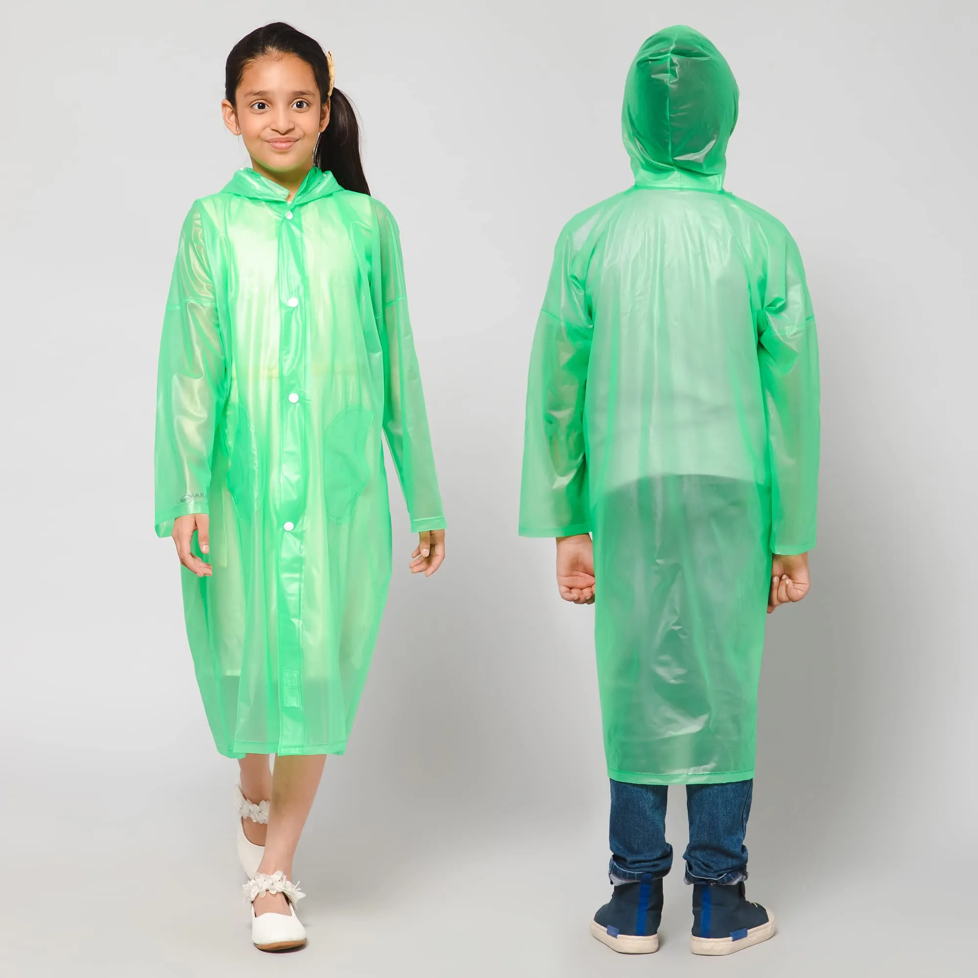 THE CLOWNFISH Wet & Wild Series Unisex Kids Waterproof Single Layer PVC Longcoat/Raincoat with Adjustable Hood. Age-3-4 Years (Fluoroscent Green)