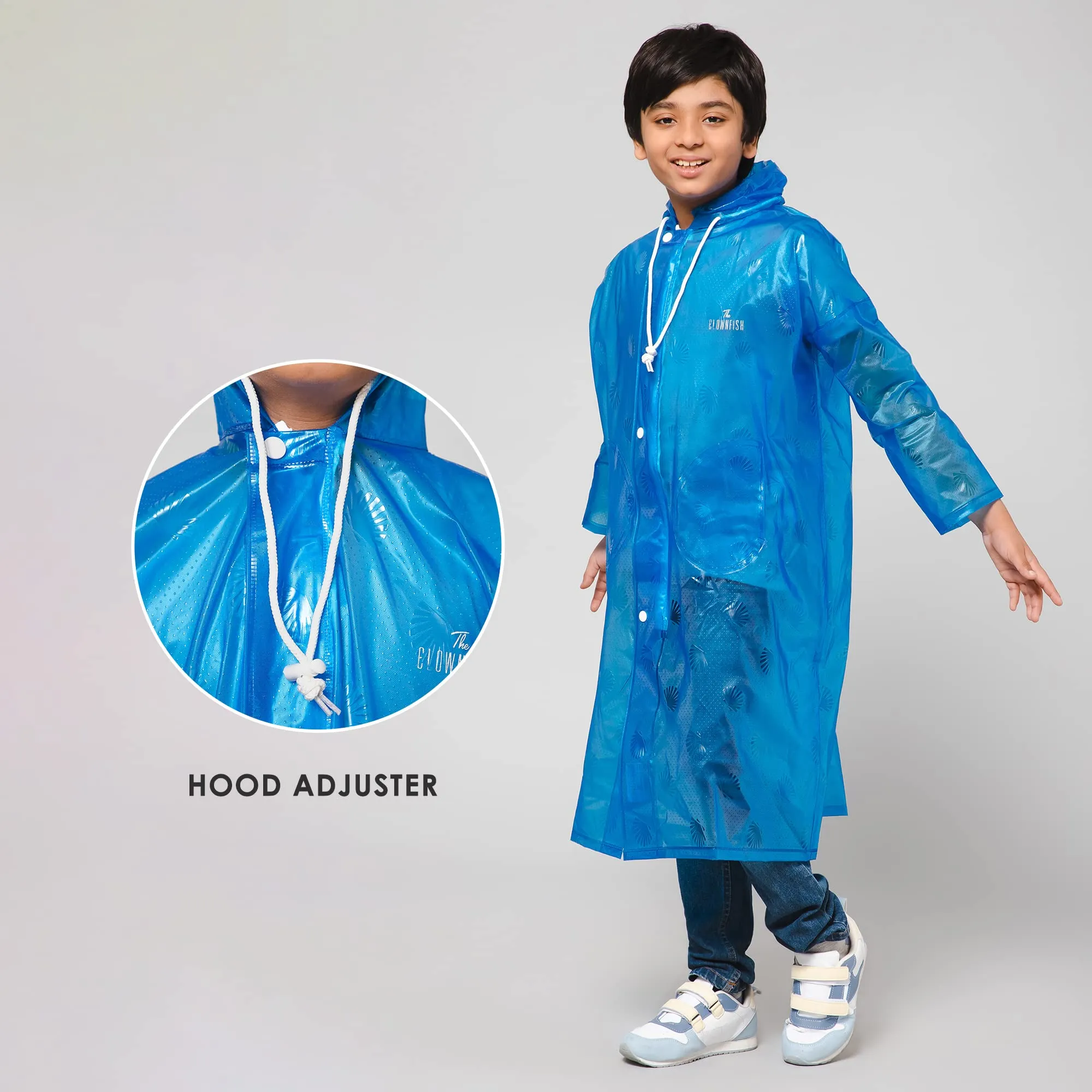 THE CLOWNFISH Wet & Wild Series Unisex Kids Waterproof Single Layer PVC Longcoat/Raincoat with Adjustable Hood. Age-3-4 Years (Royal Blue)