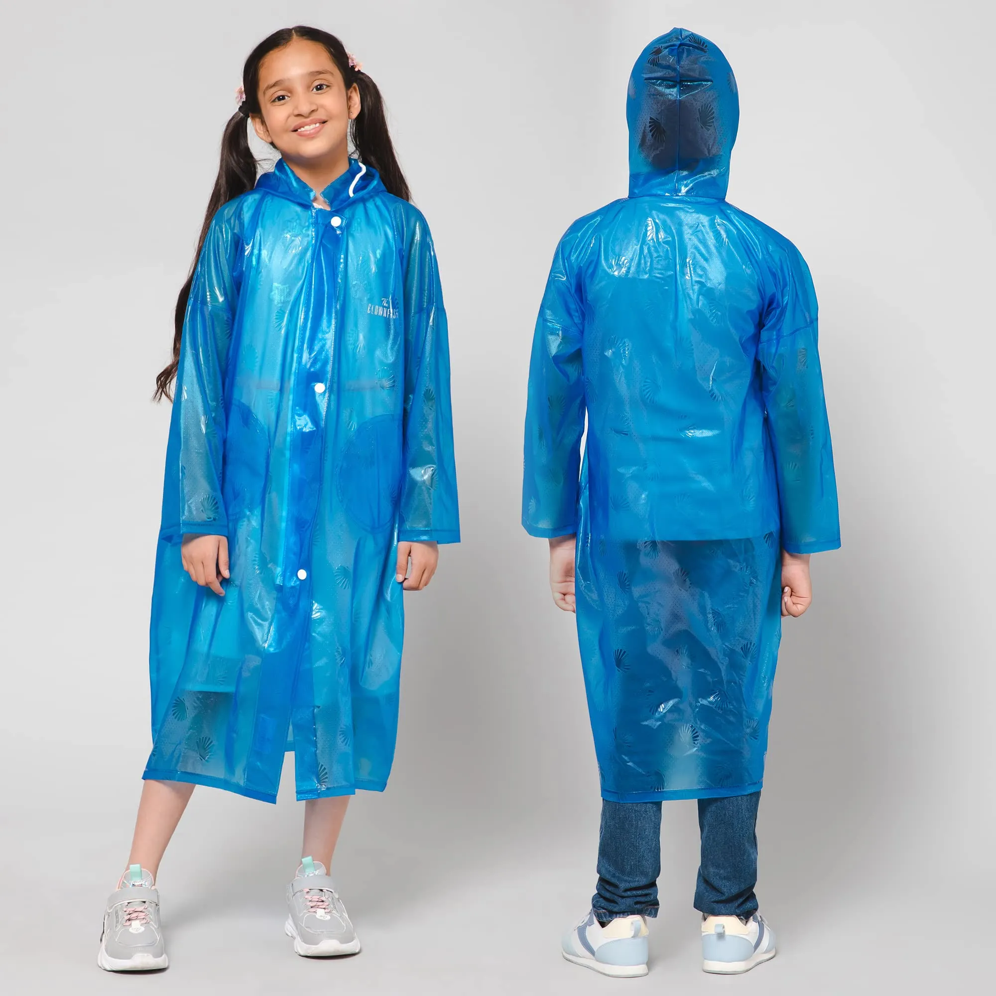 THE CLOWNFISH Wet & Wild Series Unisex Kids Waterproof Single Layer PVC Longcoat/Raincoat with Adjustable Hood. Age-3-4 Years (Royal Blue)