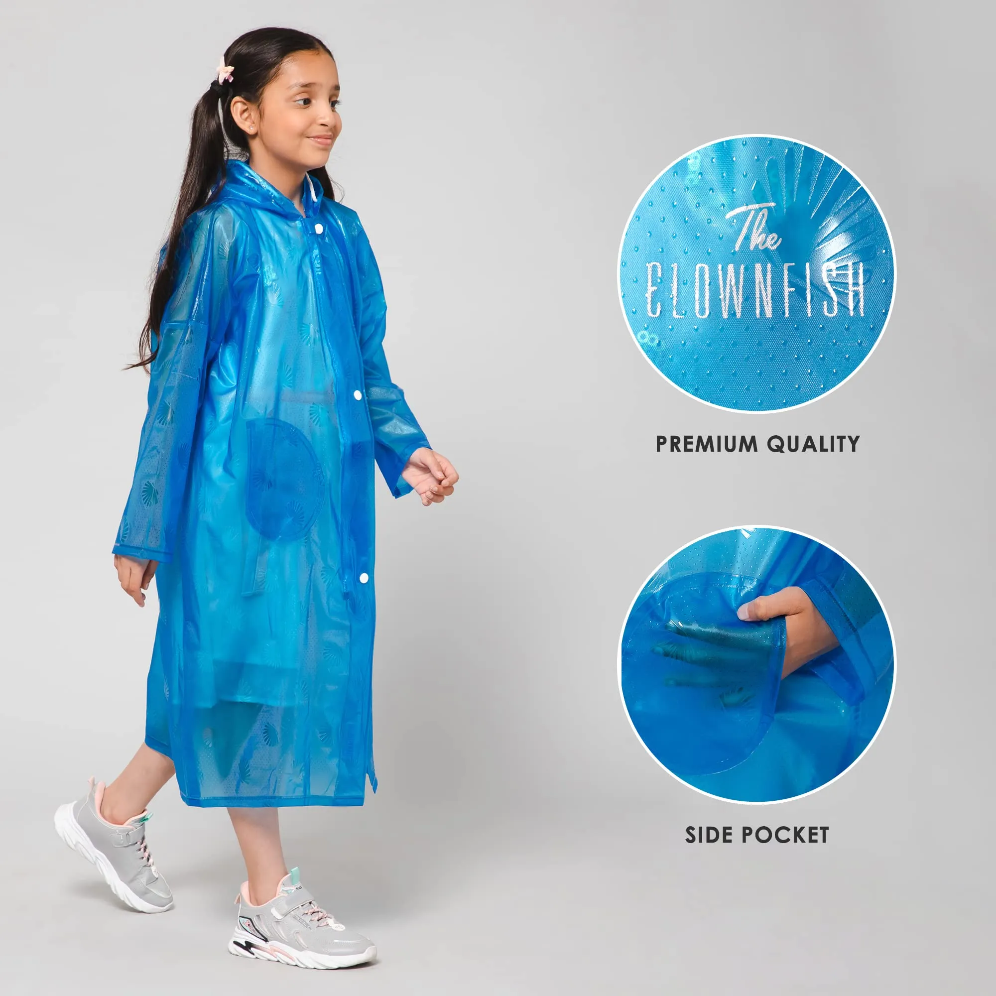 THE CLOWNFISH Wet & Wild Series Unisex Kids Waterproof Single Layer PVC Longcoat/Raincoat with Adjustable Hood. Age-3-4 Years (Royal Blue)