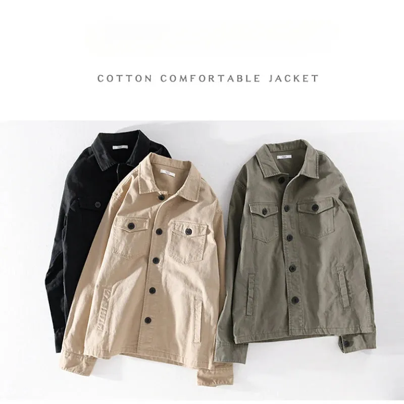 Wiaofellas  -  100% Cotton Tooling Japanese Jacket, New Coat Men's Long Sleeve Khaki Shirt, Casual Cotton Comfortable Thick Shirt camping