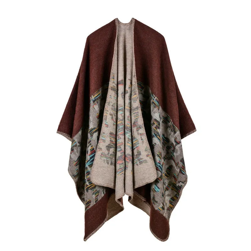 Women's fashion camouflage cashmere imitation split lengthened thick cape cape