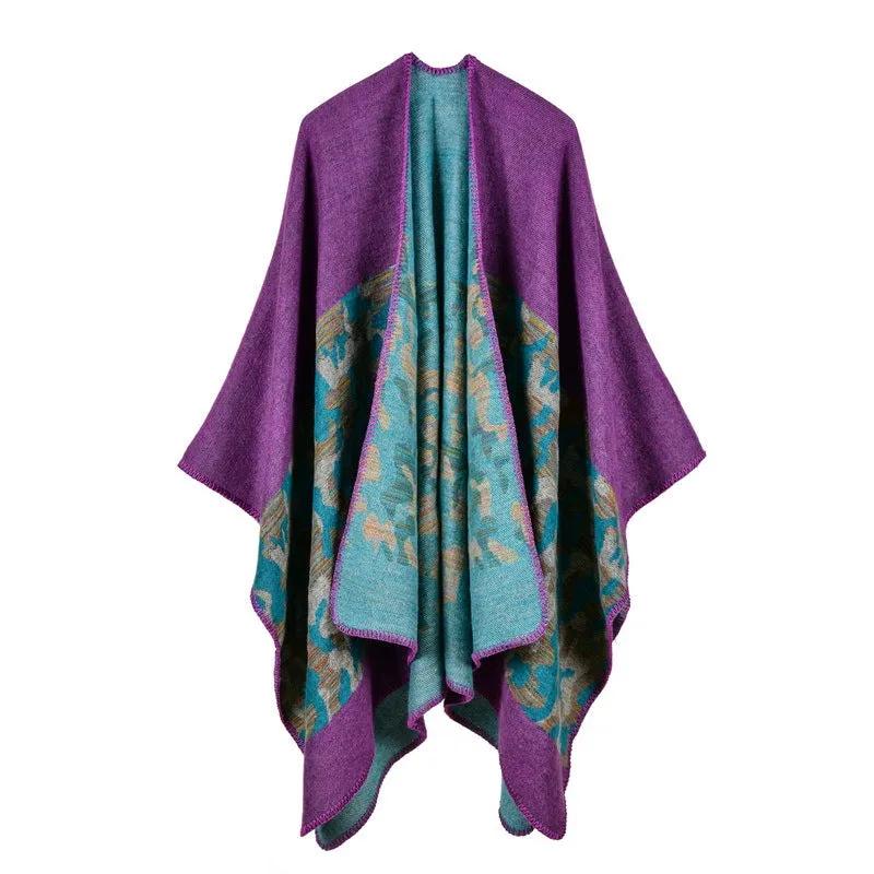 Women's fashion camouflage cashmere imitation split lengthened thick cape cape